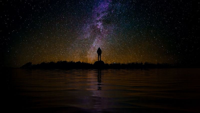 Silhouette Starry Sky Night Reflection Loneliness Solitude 4k HD