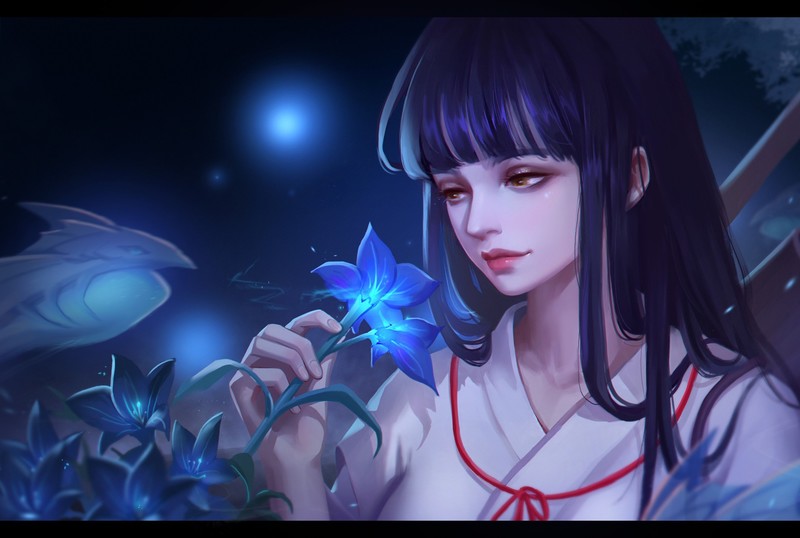 Women Fantasy Girl Inuyasha Miko Flowers Black Hair Long Hair