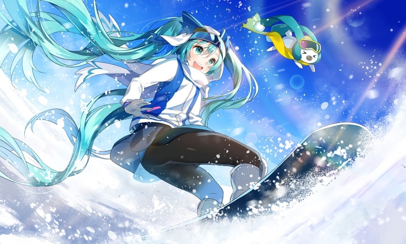 Yuki Miku Aqua Hair Aqua Eyes Hatsune Miku Headdress P Sport Sky Snowboarding