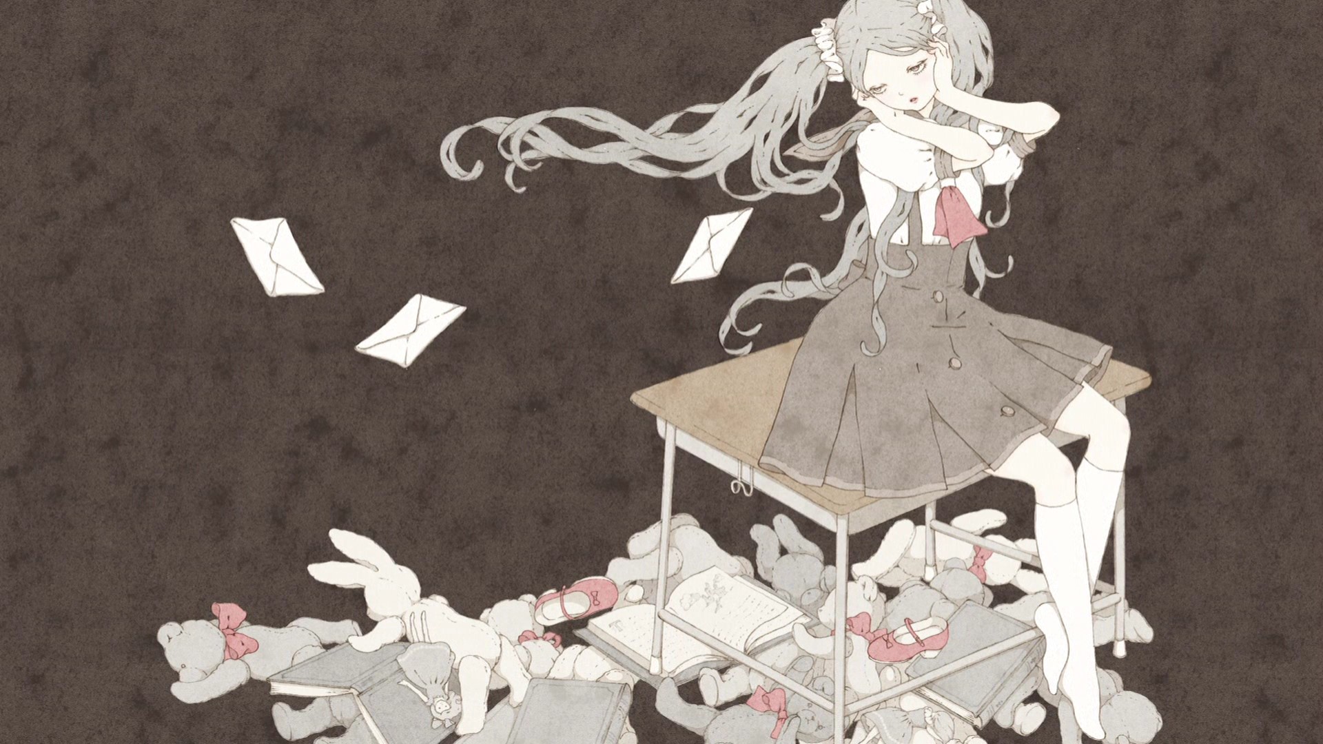 anime, anime girls, Monogatari Series, artwork, white skin, Sodachi Oikura, paper, school uniform, white hair, dark background, HD Wallpaper