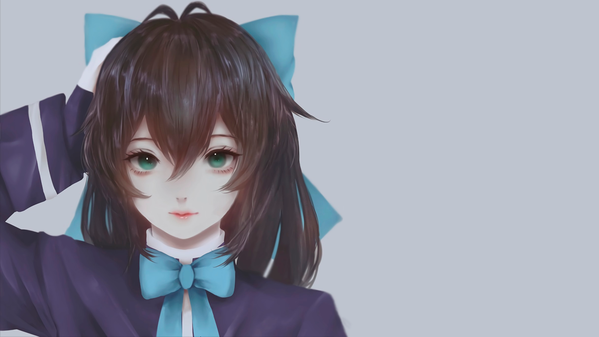 anime, manga, anime girls, simple background, minimalism, blue, schoolgirl, brunette, gray background, HD Wallpaper
