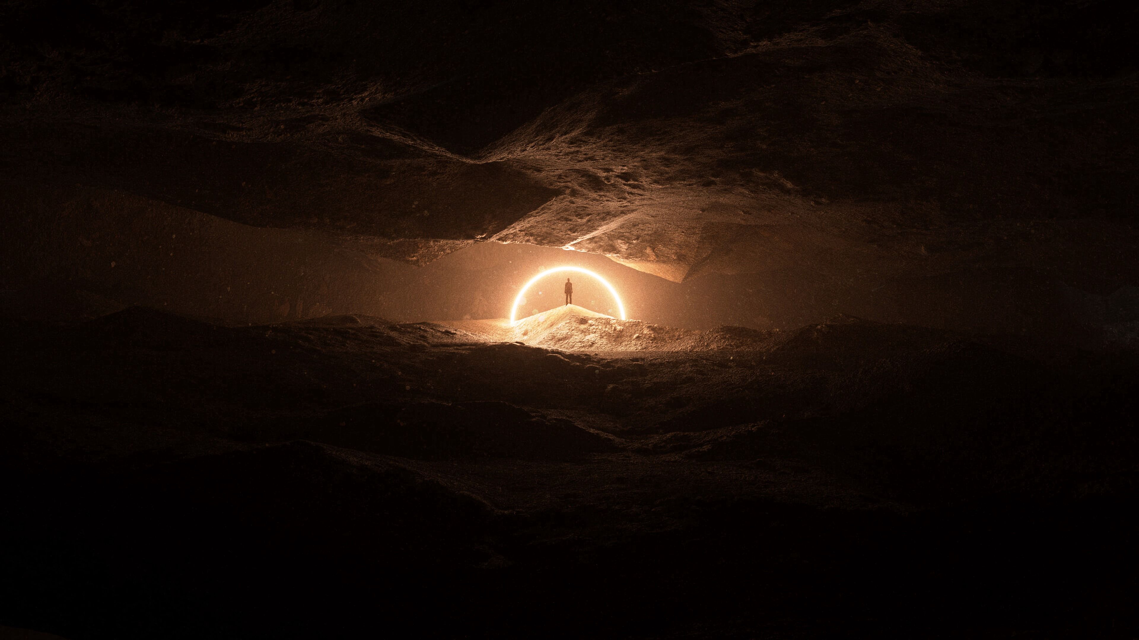 cave, silhouette, glow, circle, dark, 4k, HD Wallpaper