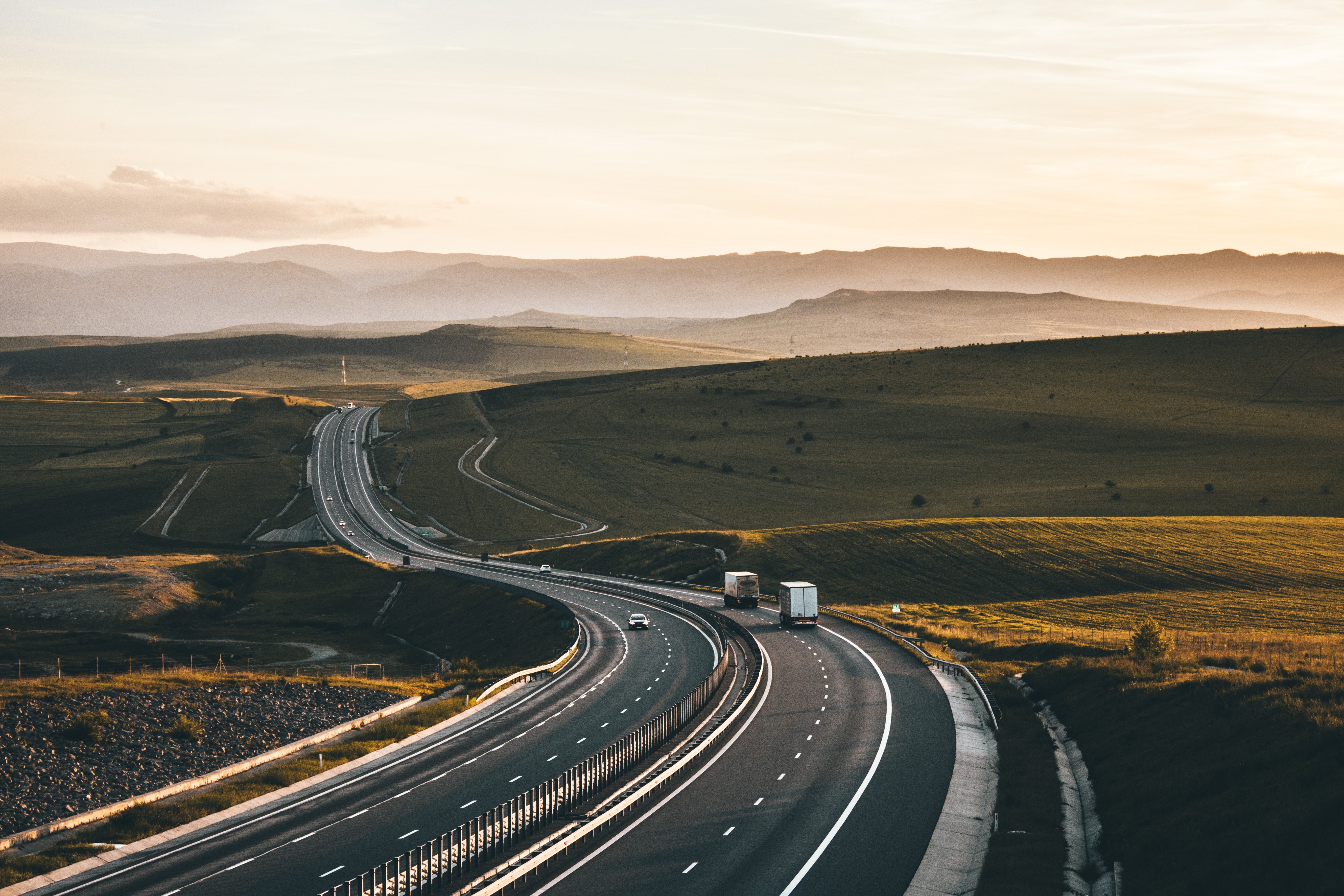 landscape, road, hills, car, highway, asphalt, mist, sunlight, field, trucks, HD Wallpaper