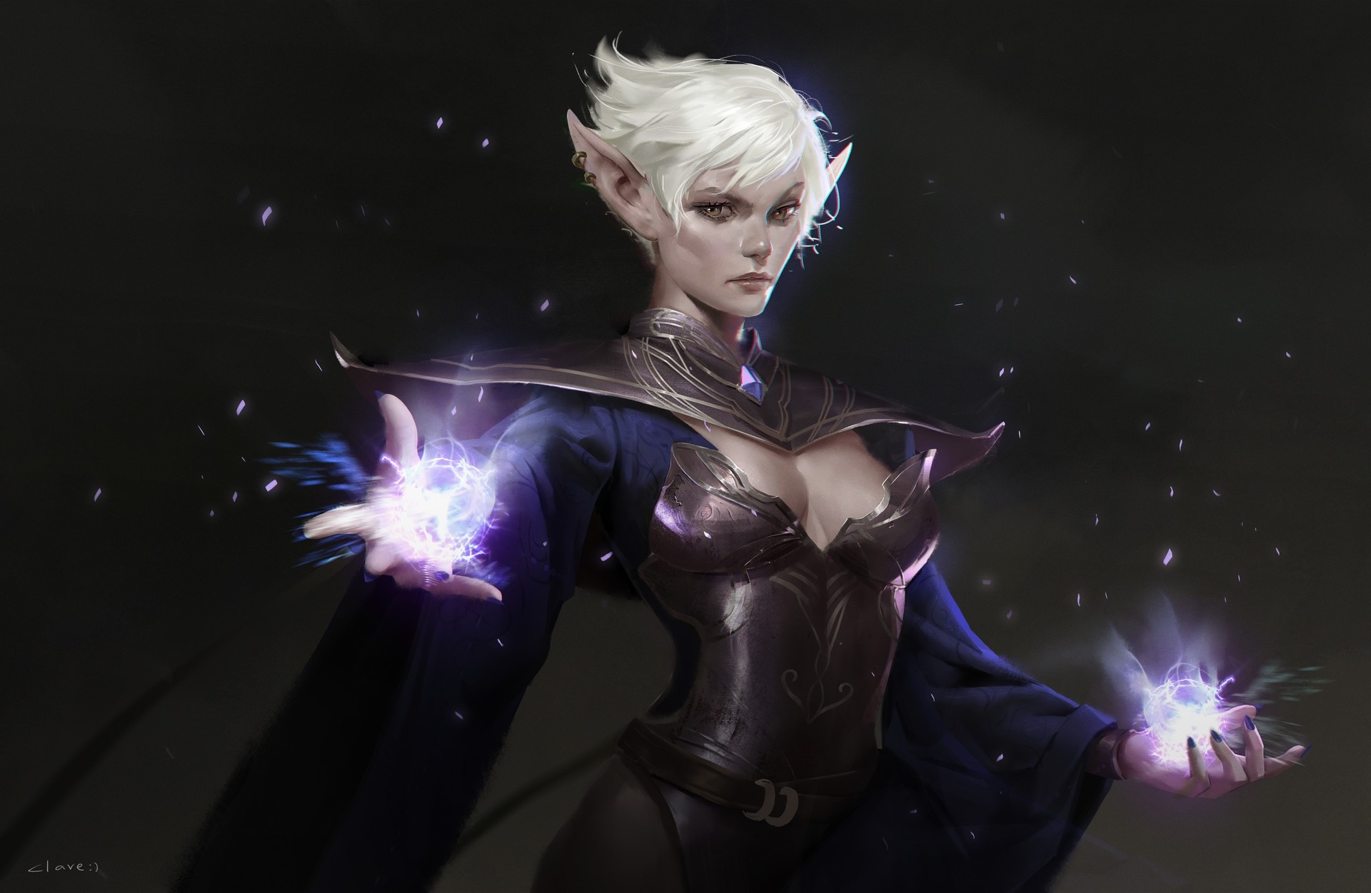 fantasy art, magic, fantasy girl, boobs, white hair, short hair, HD Wallpaper