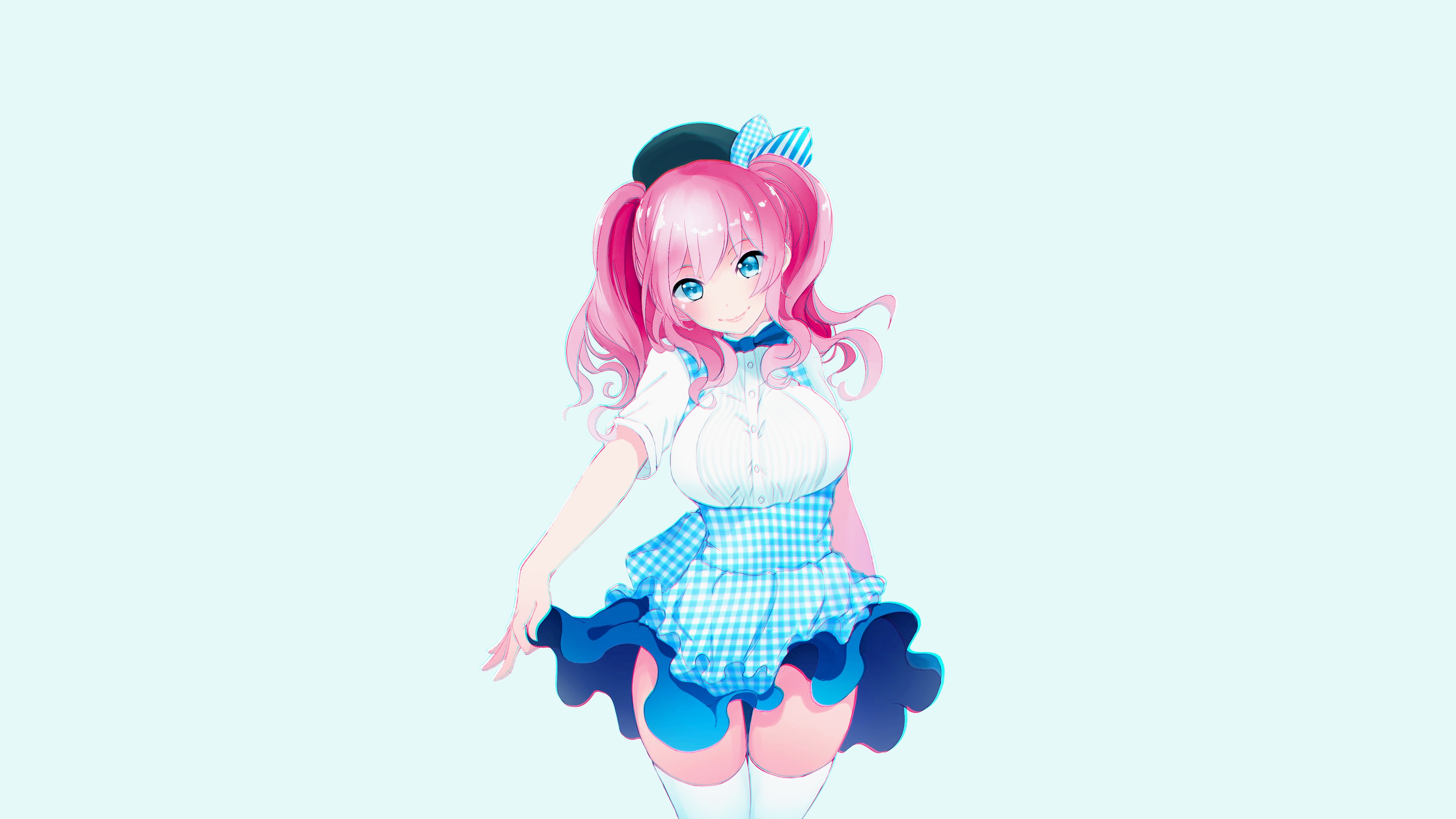 anime girls, skirt, stockings, pink hair, blue eyes, simple background, HD Wallpaper