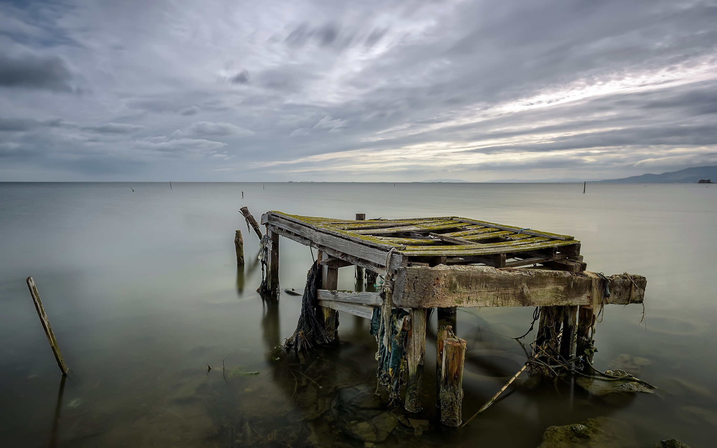 sea, nature, overcast, horizon, pier, abandoned, HD Wallpaper