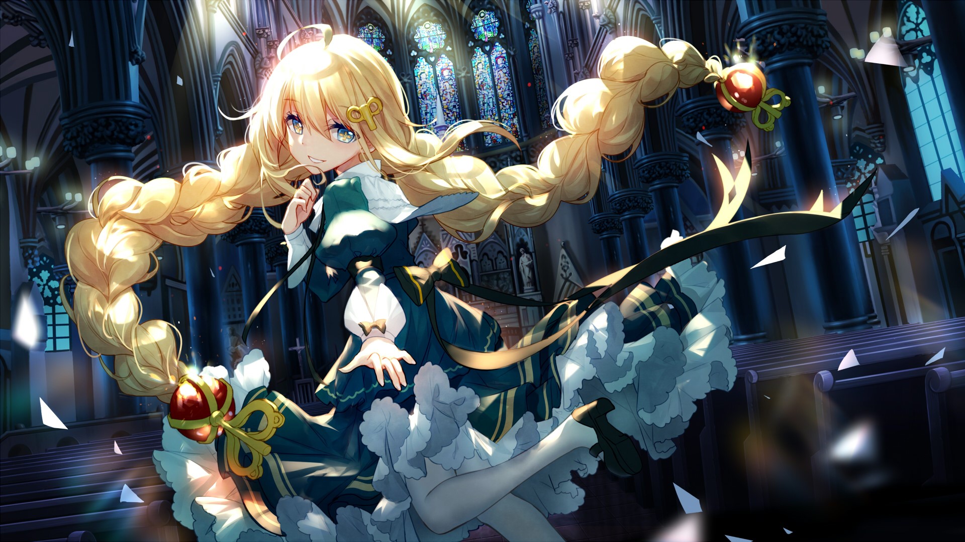 anime, anime girls, bison cangshu, castle, long hair, blonde, blue eyes, smiling, dress, white legwear, HD Wallpaper