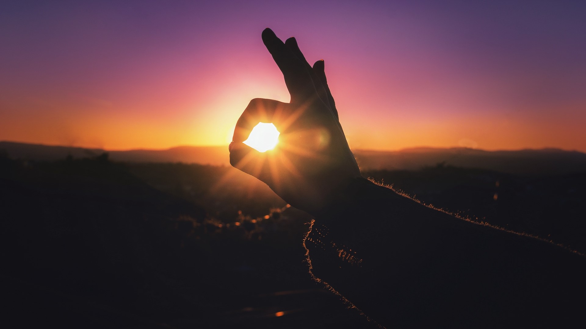sunset, fingers, hands, Sun, purple, orange, HD Wallpaper