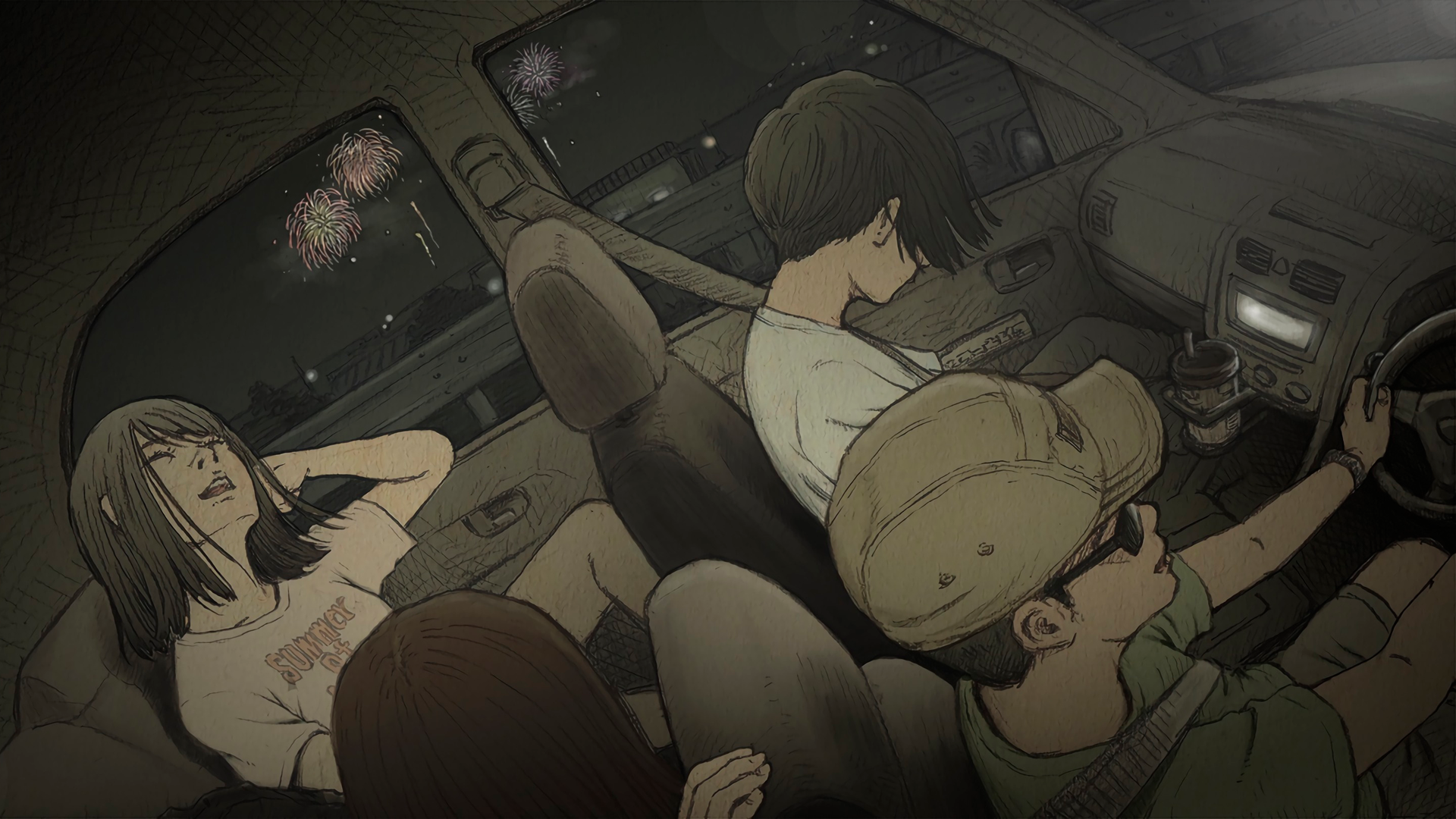 manga, fireworks, vehicle interiors, car interior, brown, sleeping, HD Wallpaper