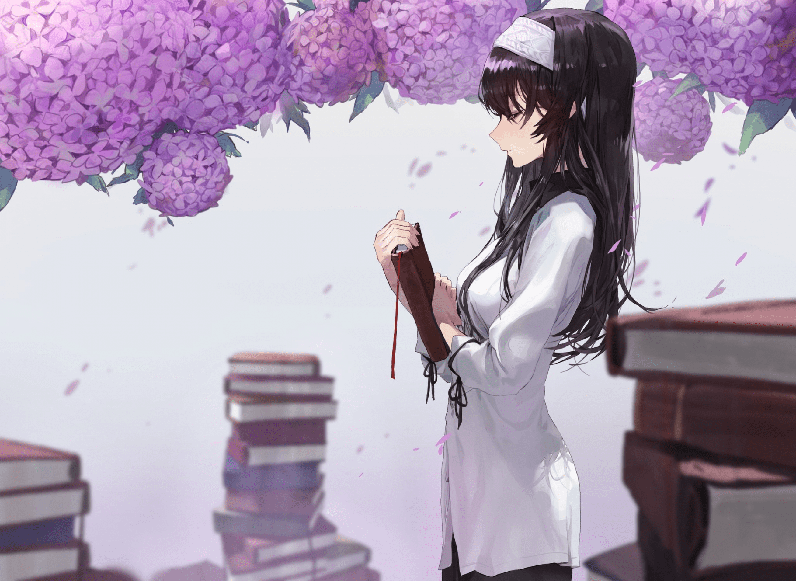 books, anime girls, anime, purple, dark hair, face, profile, long hair, HD Wallpaper