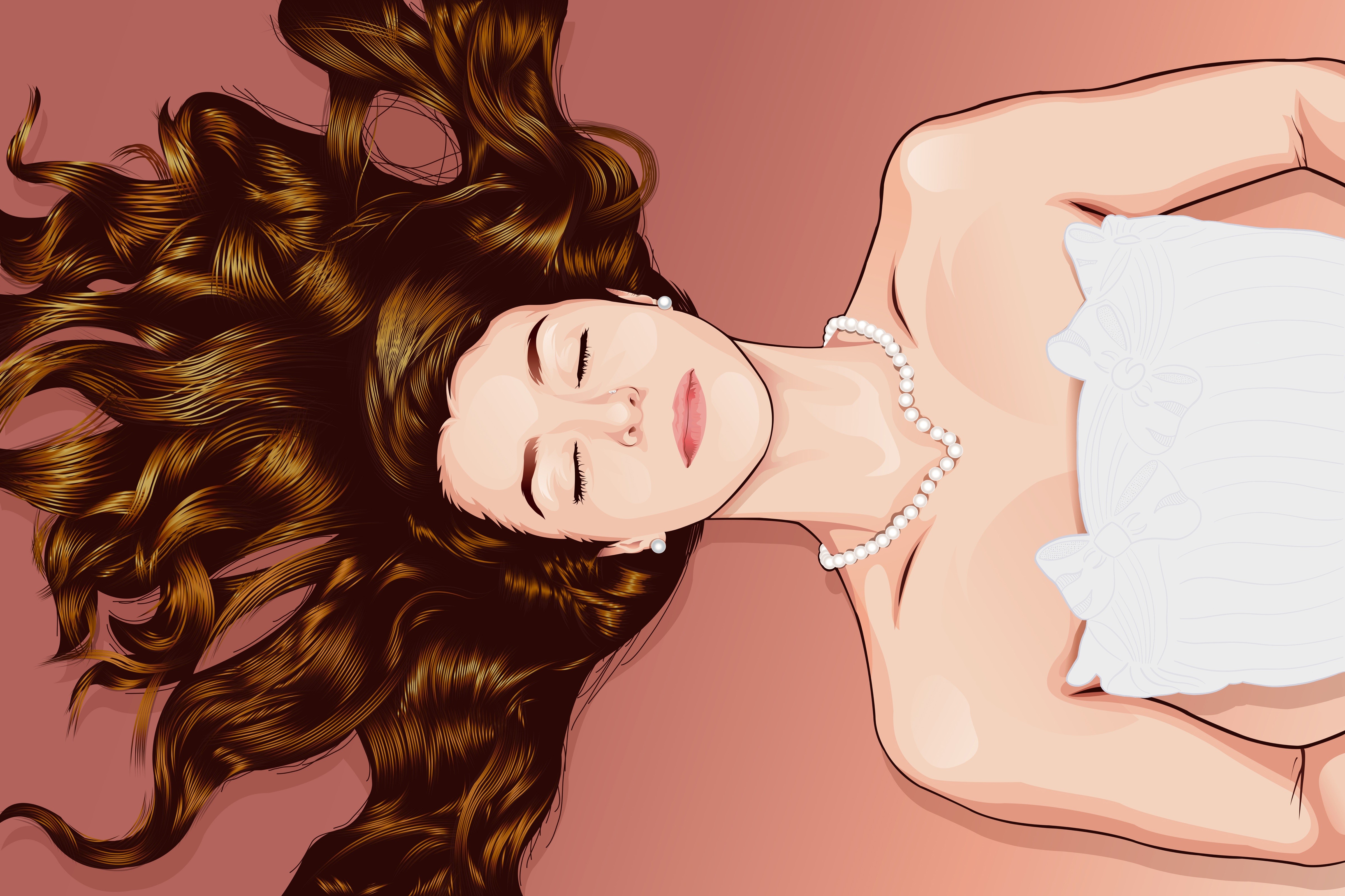 women, dress, white dress, necklace, closed eyes, pink lipstick, brunette, pearls, vector, HD Wallpaper