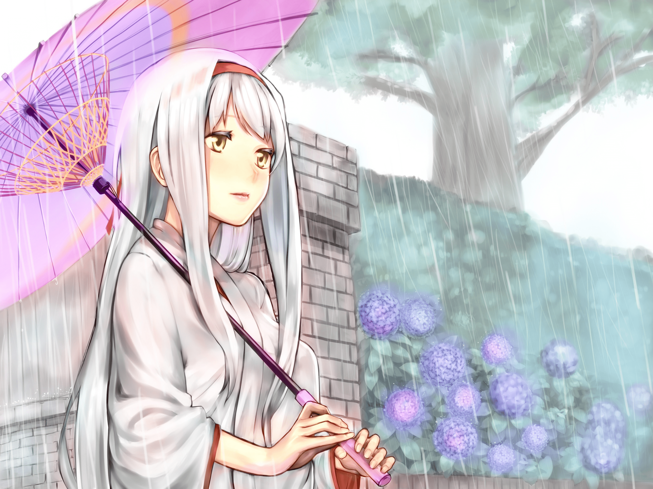anime, anime girls, Shoukaku (KanColle), umbrella, white hair, outdoors, yellow eyes, HD Wallpaper