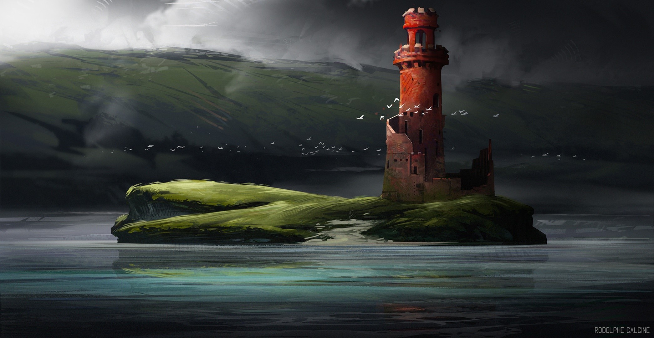 artwork, fantasy art, landscape, sea, nature, building, birds, HD Wallpaper