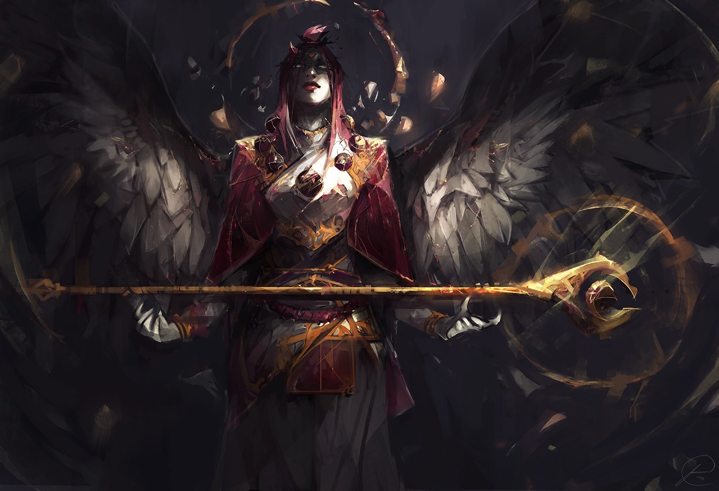 women, armor, angel, staff, wings, Jason Nguyen, HD Wallpaper