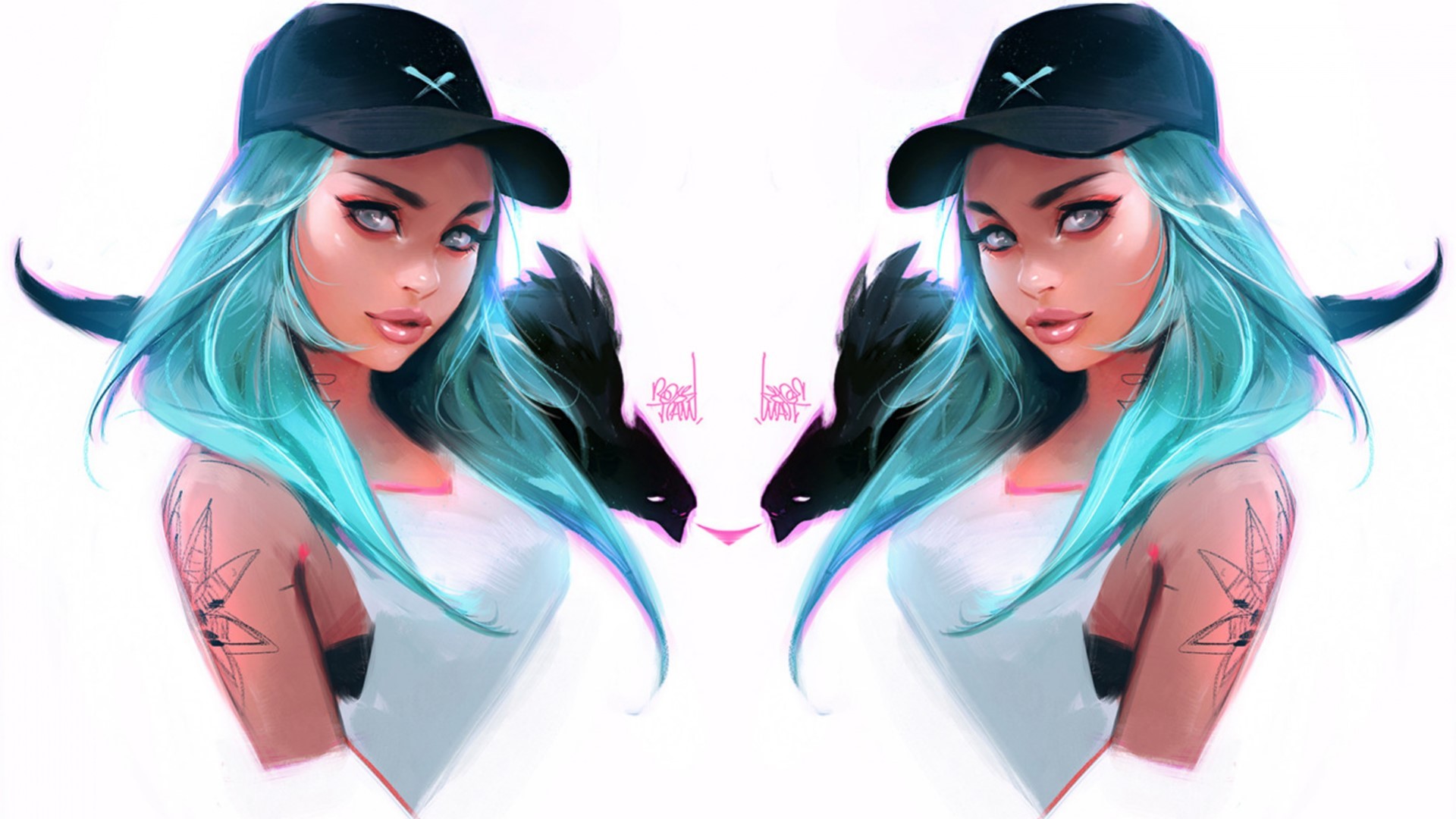 women, cyan, symmetry, white tops, white background, white, Ross Tran, HD Wallpaper