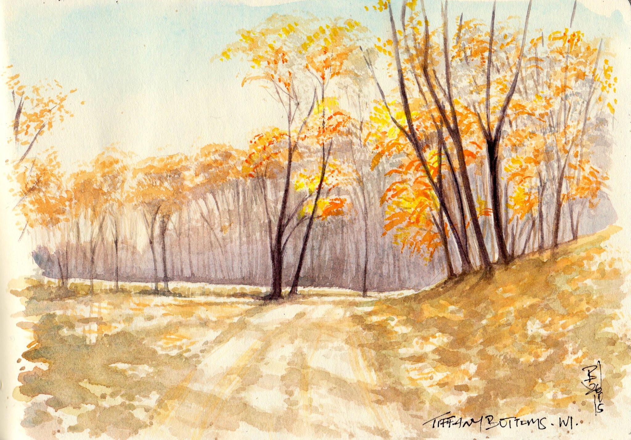 artwork, watercolor, traditional art, trees, nature, landscape, fall, HD Wallpaper
