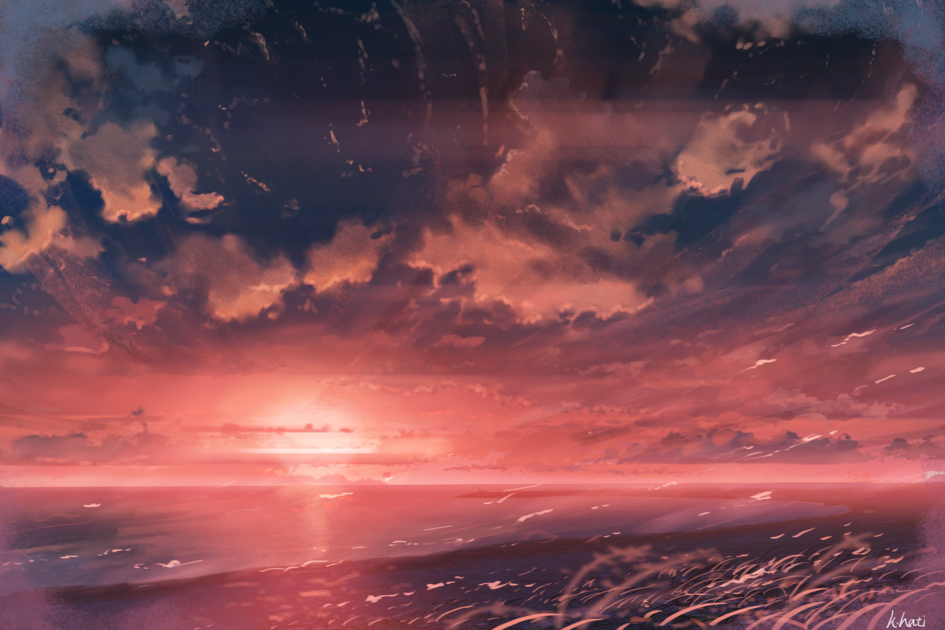 artwork, sea, beach, sunset, clouds, HD Wallpaper