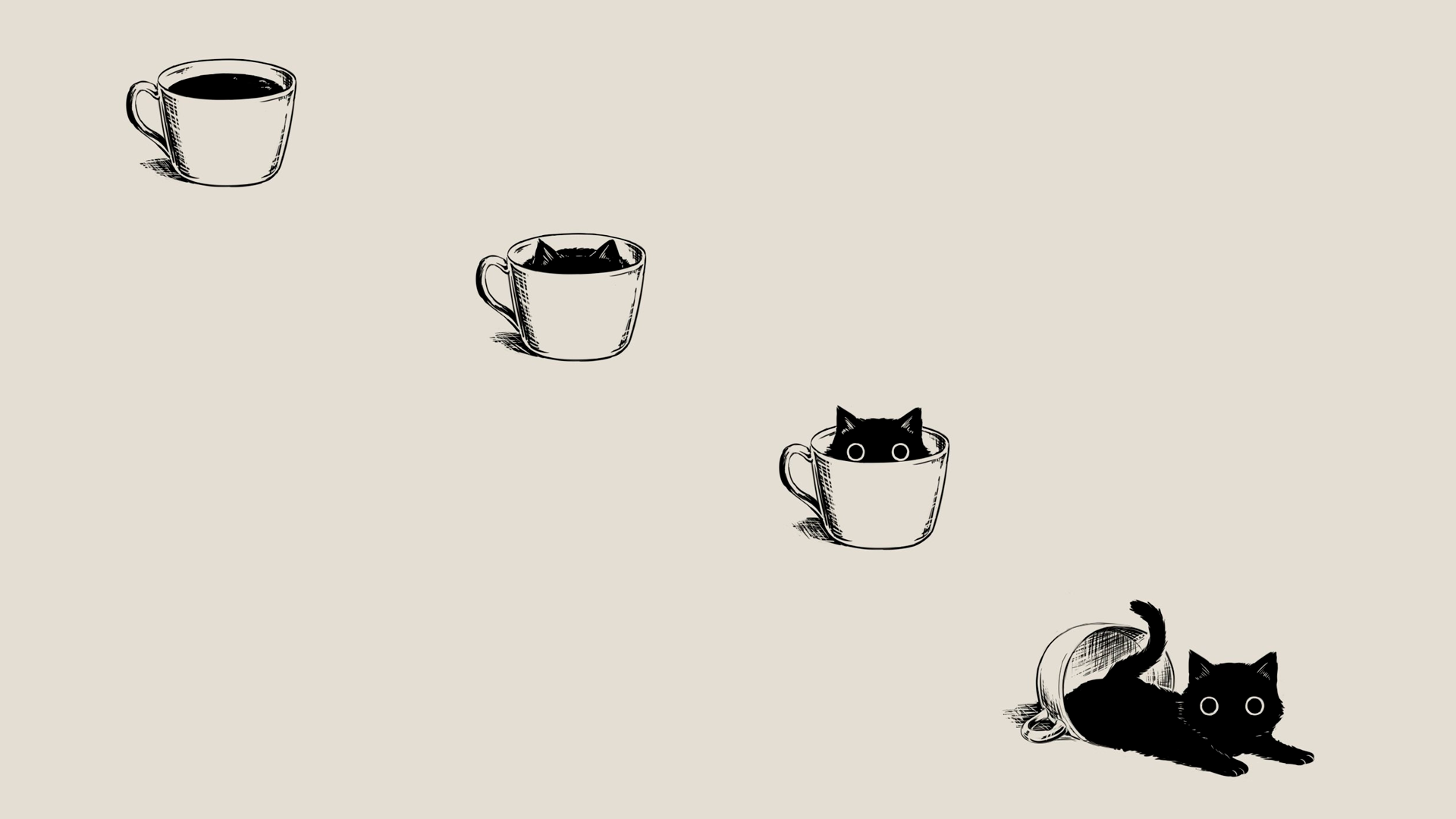 anime, manga, minimalism, simple background, coffee, black cats, beige, cats, animals, HD Wallpaper