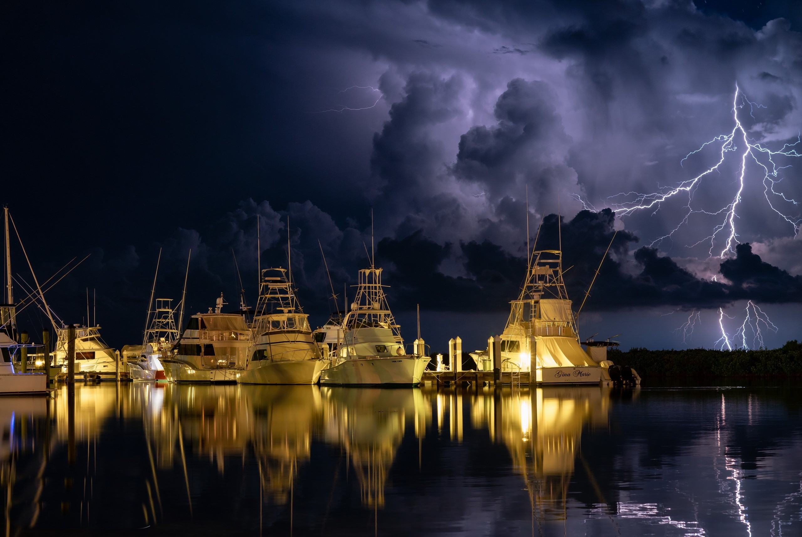 Thunderbolt, ship, lightning, nature, reflection, HD Wallpaper