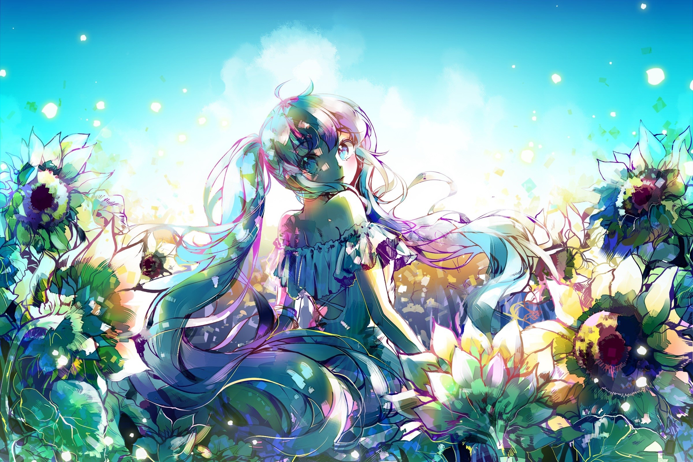 anime girls, anime, long hair, colorful, flowers, bare shoulders, HD Wallpaper
