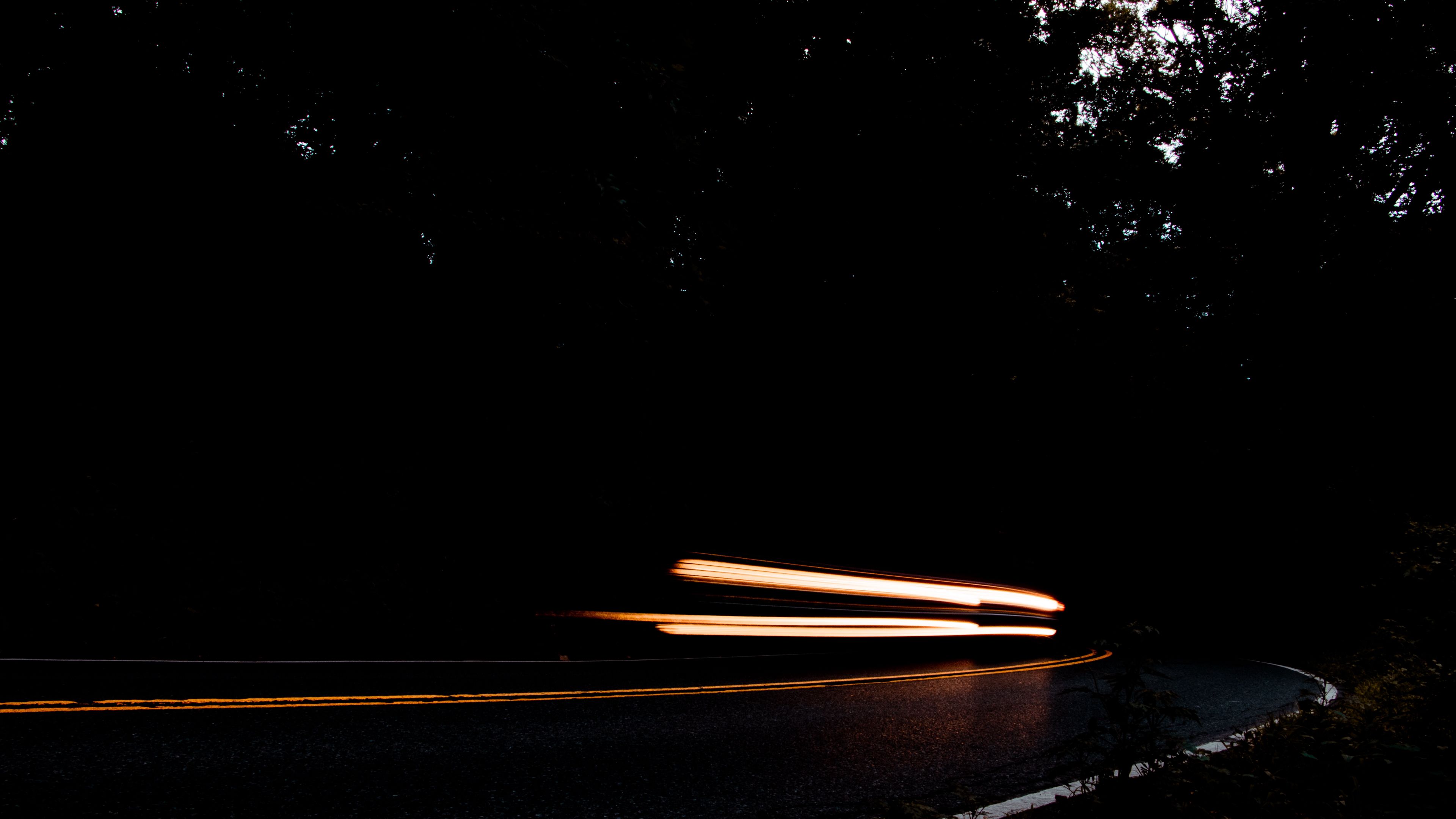 long exposure, night, road, turn, darkness, 4k, HD Wallpaper