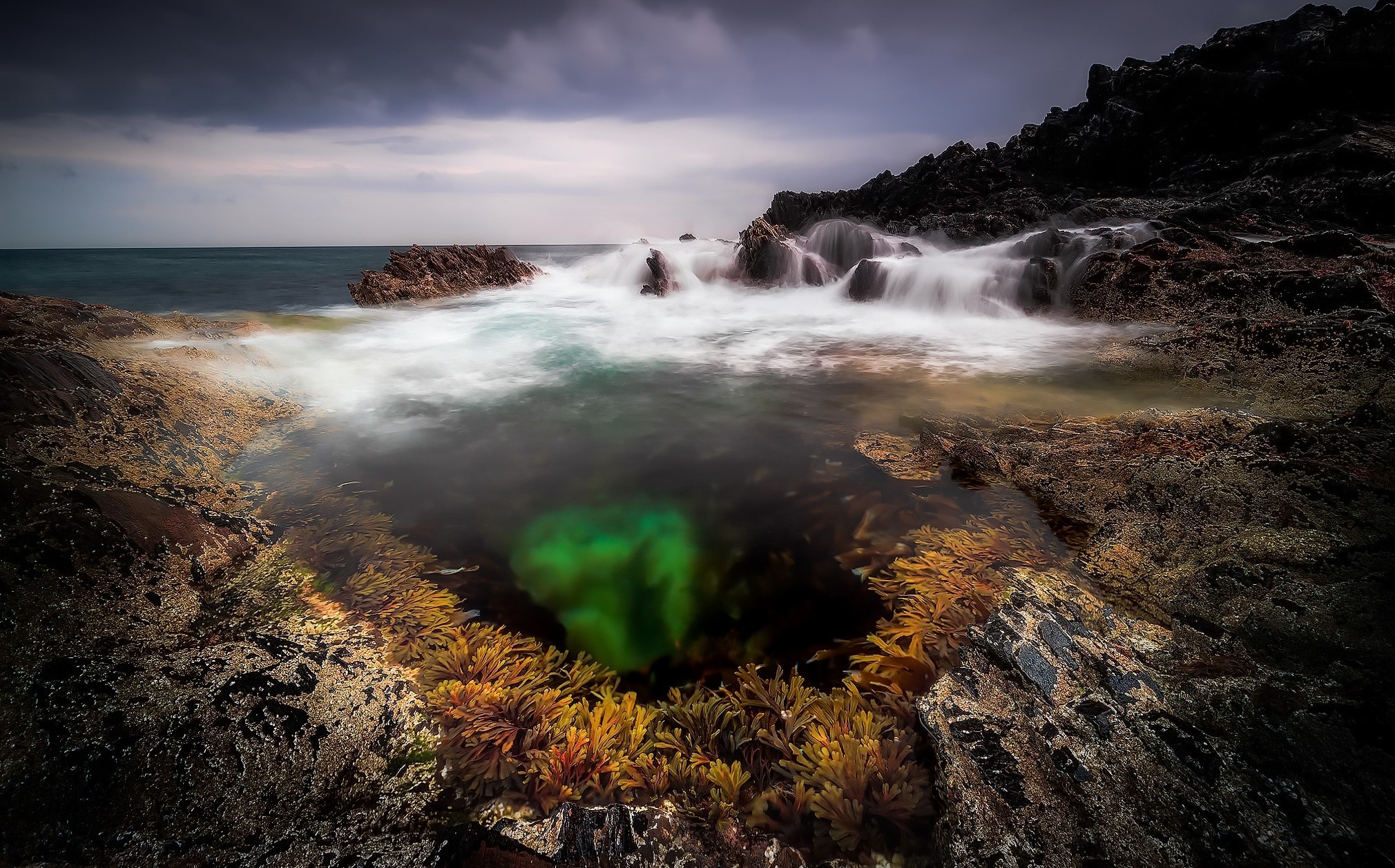 sea, coast, nature, long exposure, rock, HD Wallpaper