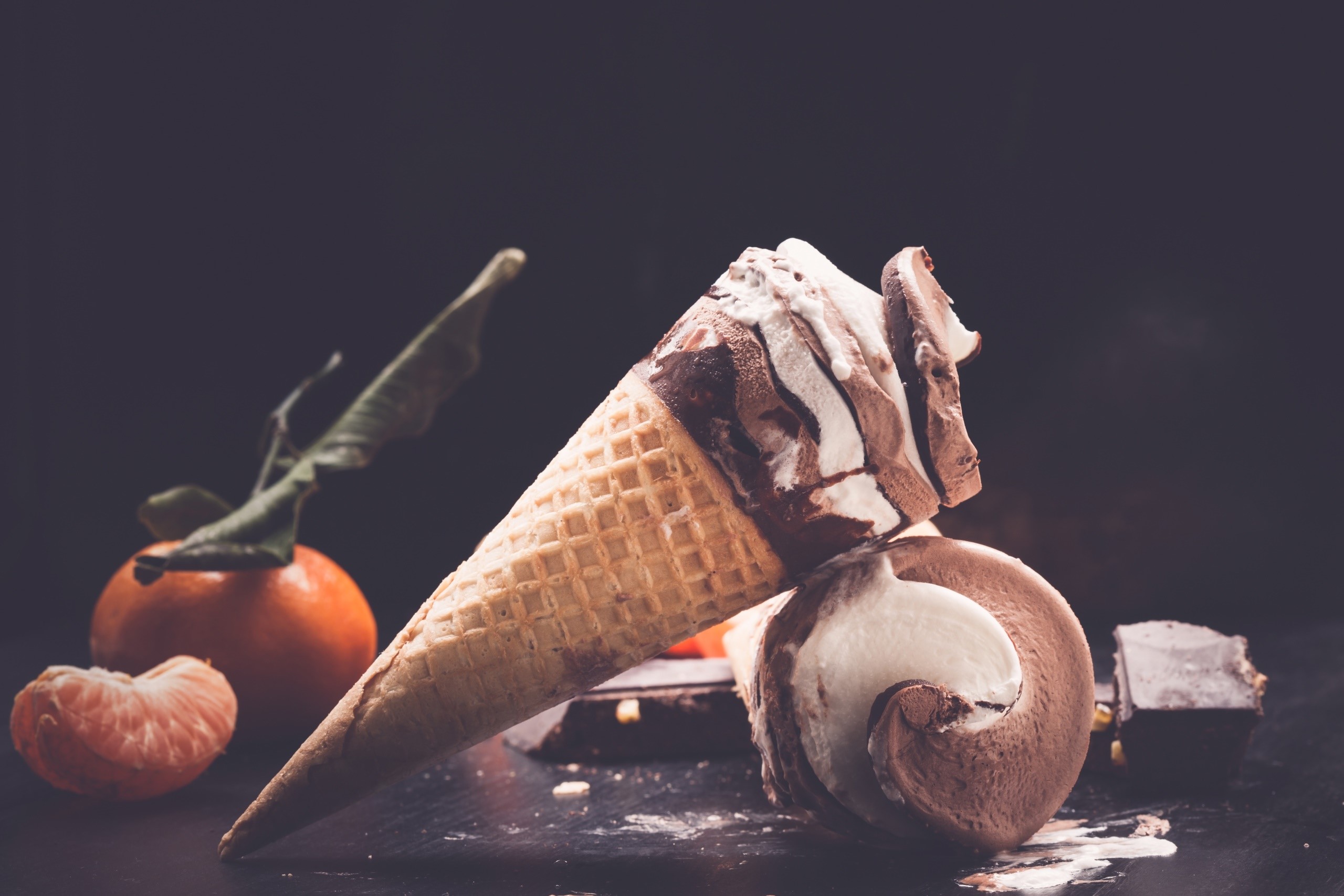 food, ice cream, still life, orange (fruit), waffles, HD Wallpaper