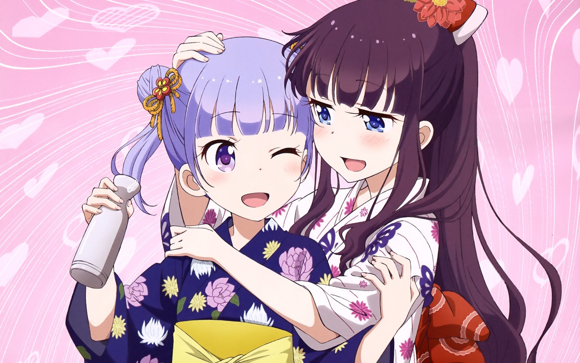 anime, anime girls, simple background, New Game!, Aoba Suzukaze, Hifumi Takimoto, purple hair, yukata, white skin, artwork, HD Wallpaper
