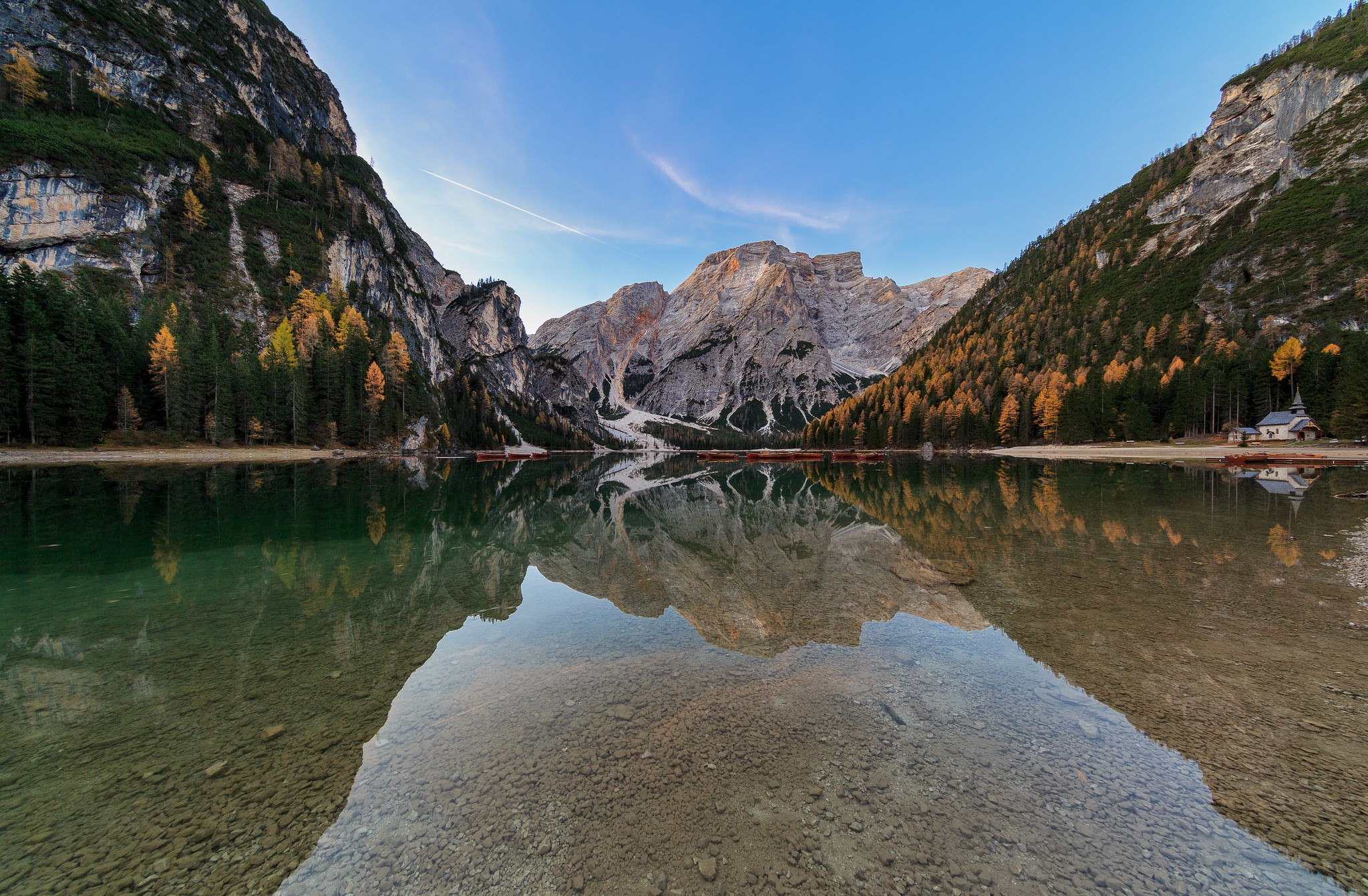 landscape, mountains, trees, lake, reflection, boat, sky, nature, HD Wallpaper