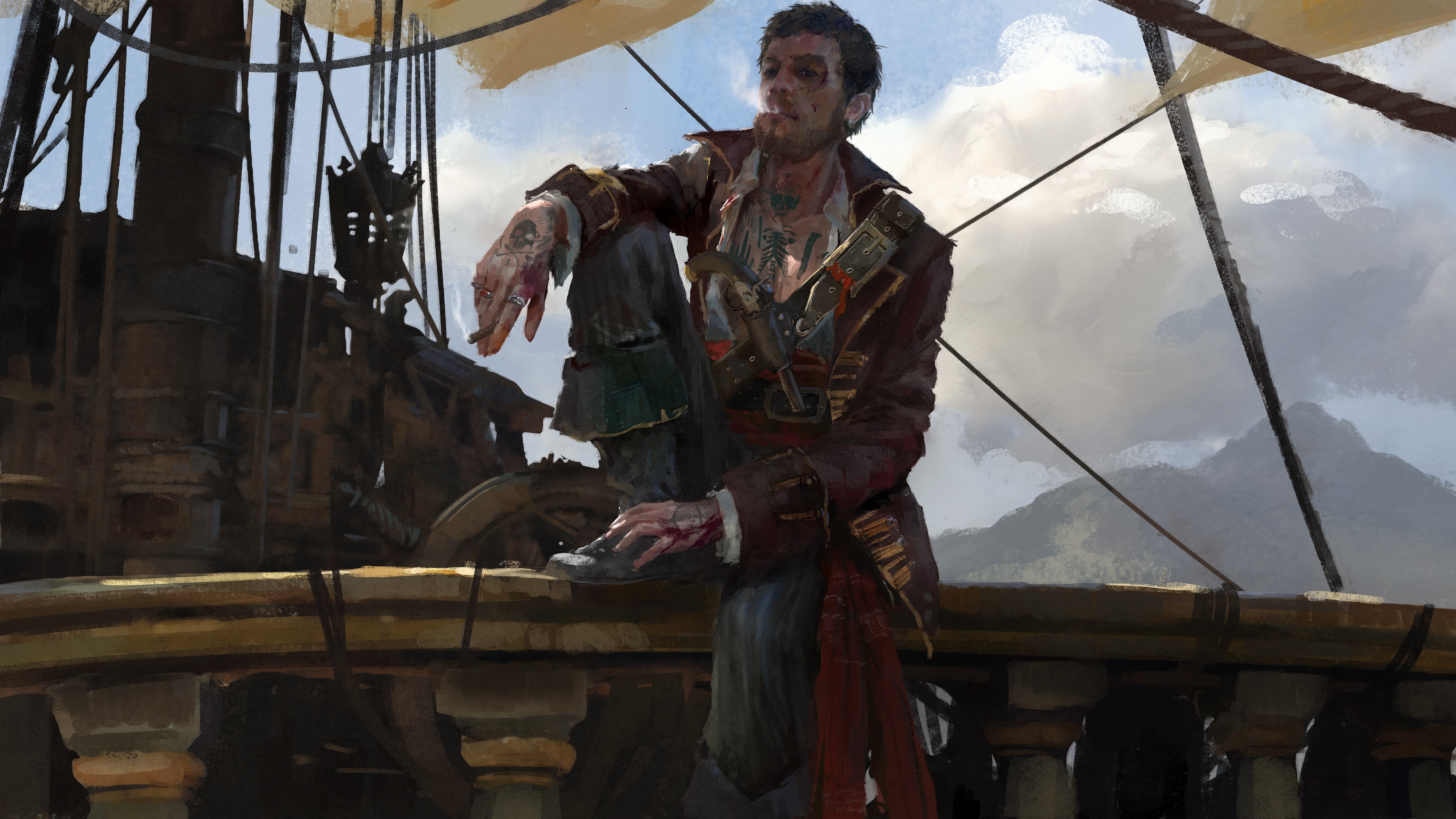 digital art, artwork, video games, Ubisoft, Skull & Bones, ship, sailor, men, smoking, looking at viewer, tattoo, HD Wallpaper