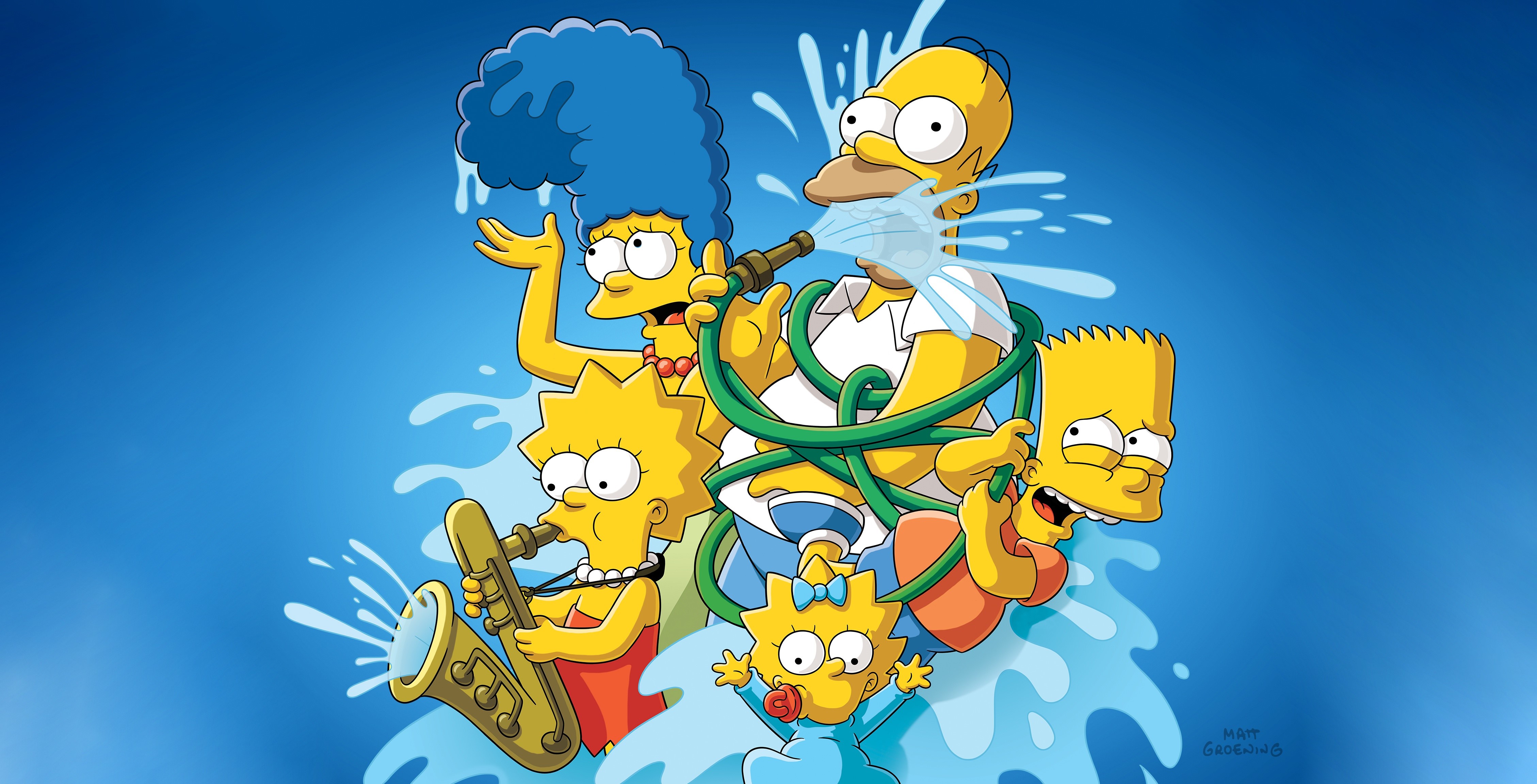 The Simpsons, cartoon, tv series, humor, Marge Simpson, Homer Simpson, Lisa Simpson, Maggie Simpson, Bart Simpson, waterhose, blue background, water, splashes, saxophones, wet hair, blue, colorful, HD Wallpaper