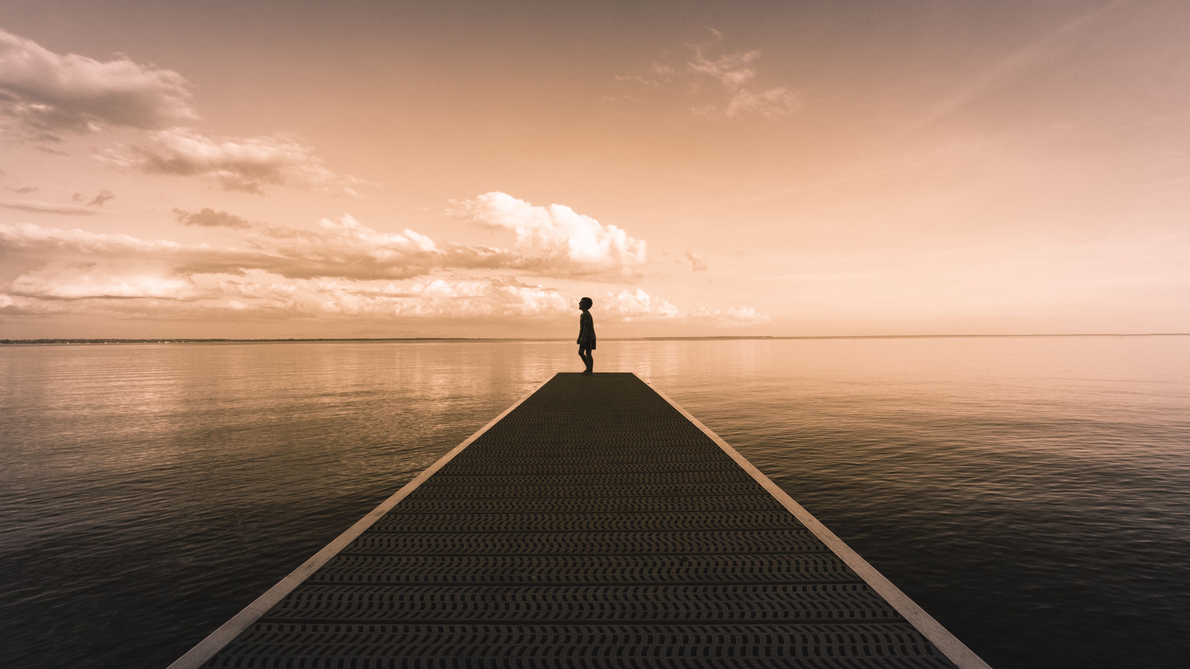 silhouette, pier, water, horizon, dusk, 4k, HD Wallpaper