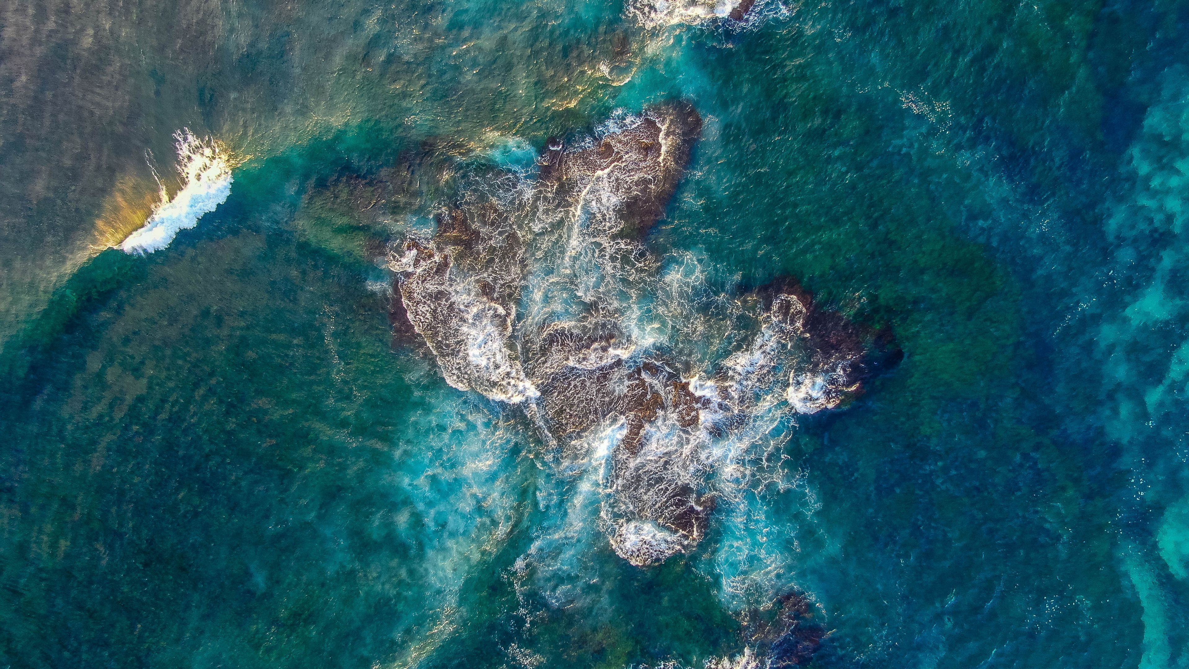 sea, reef, aerial view, waves, water, 4k, HD Wallpaper
