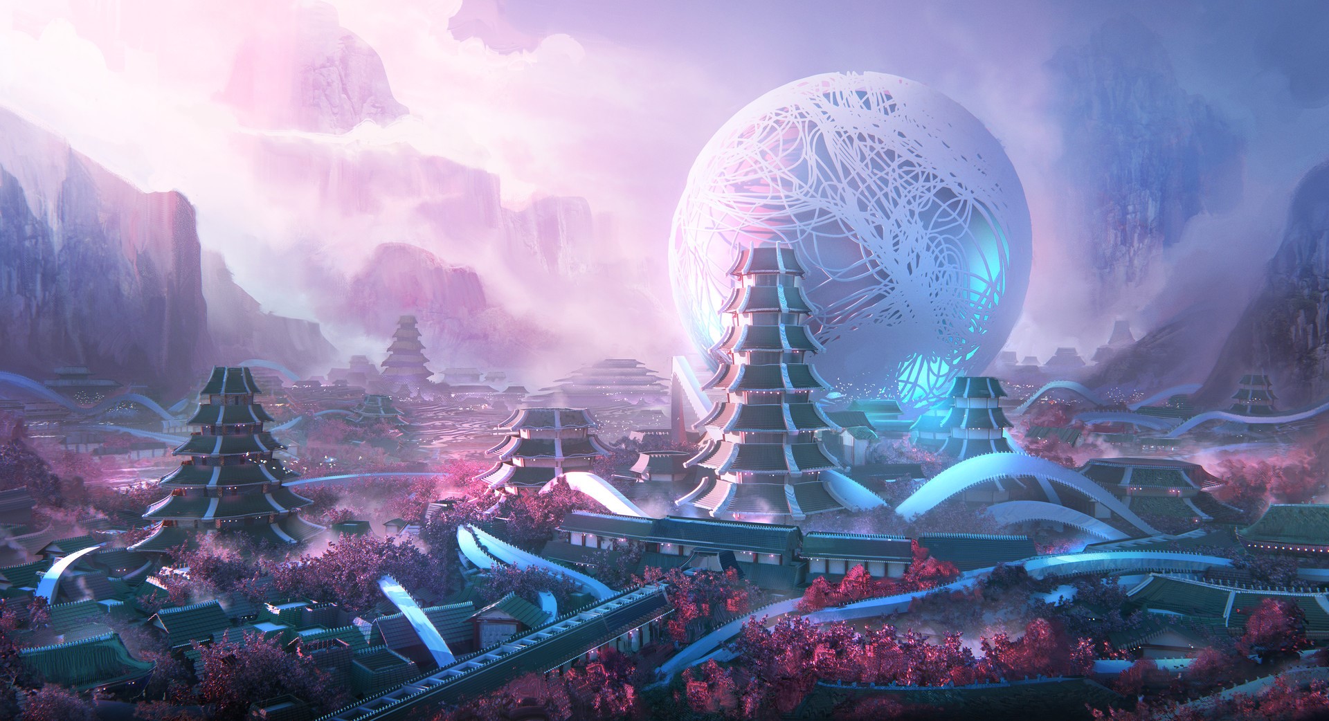 digital art, fantasy art, architecture, cyan, pink, HD Wallpaper