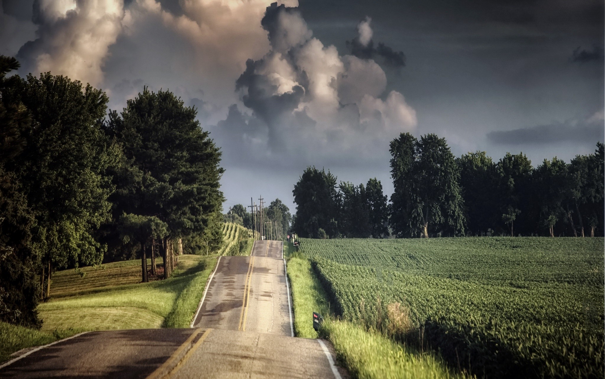road, landscape, sky, clouds, field, HD Wallpaper