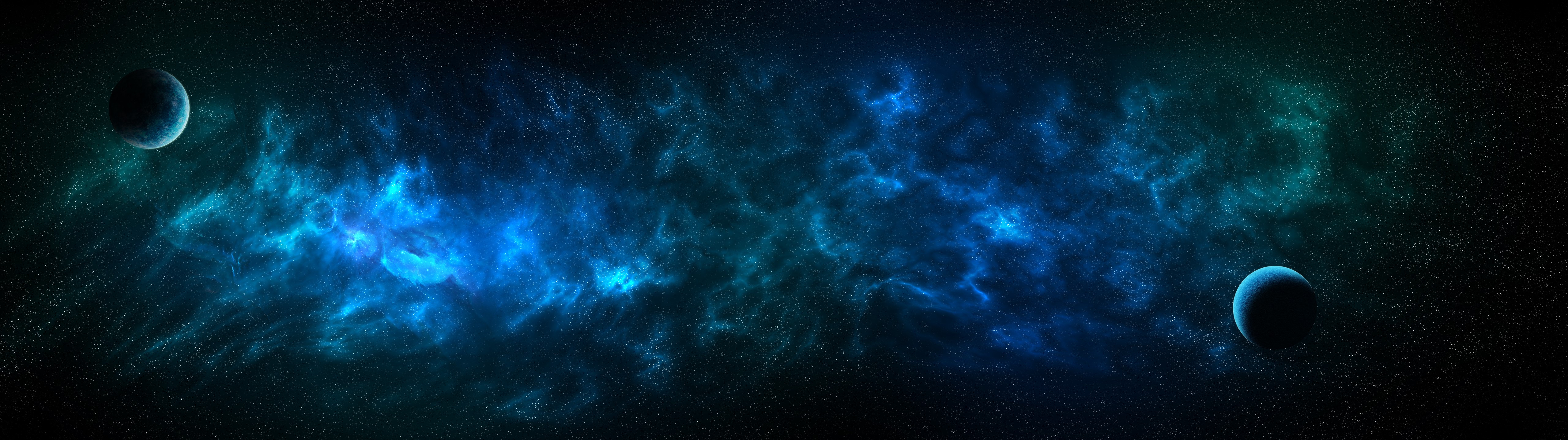 space, blue, planet, dual display, nebula, stars, HD Wallpaper