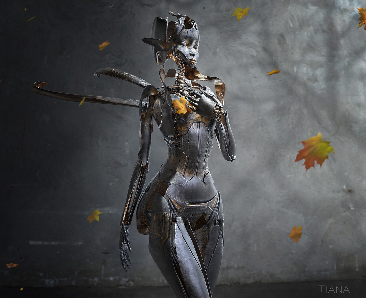 women, machine, gray background, steel, fallen leaves, HD Wallpaper
