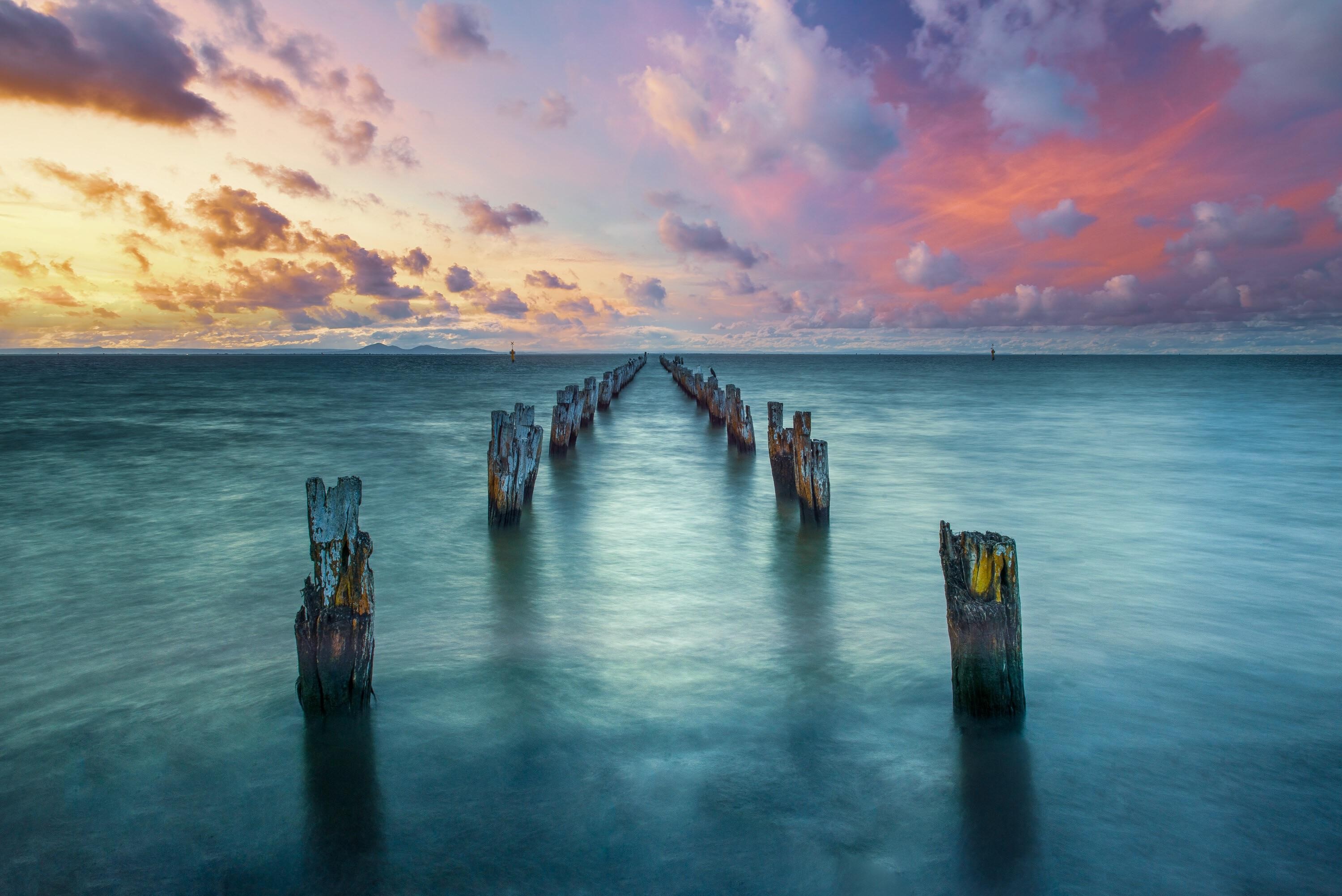 jetty, sea, clouds, sky, landscape, nature, sunset, HD Wallpaper