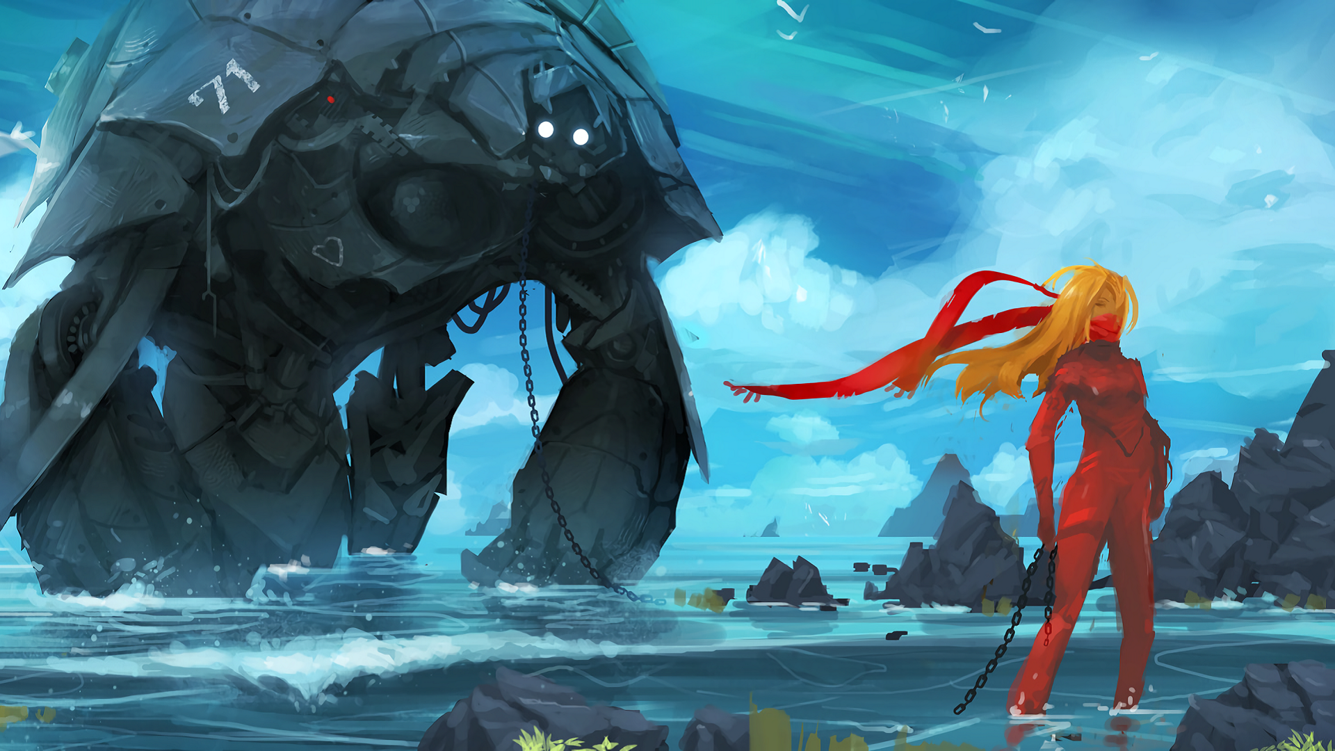 science fiction, robot, chains, sea, shore, women, HD Wallpaper