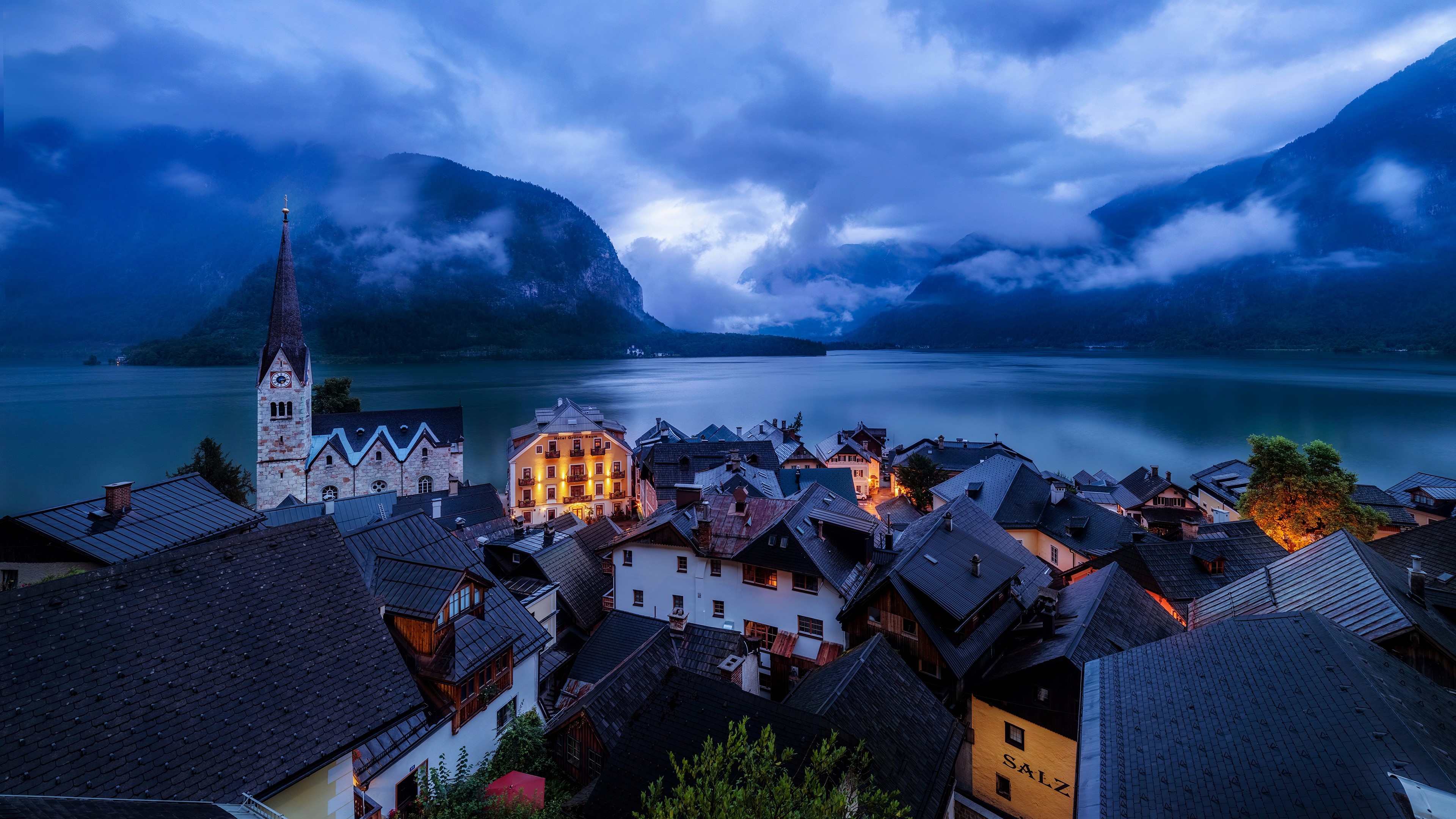 architecture, house, church, building, village, mountains, evening, lake, clouds, lights, landscape, nature, Hallstatt, Austria, mist, rooftops, hotel, HD Wallpaper