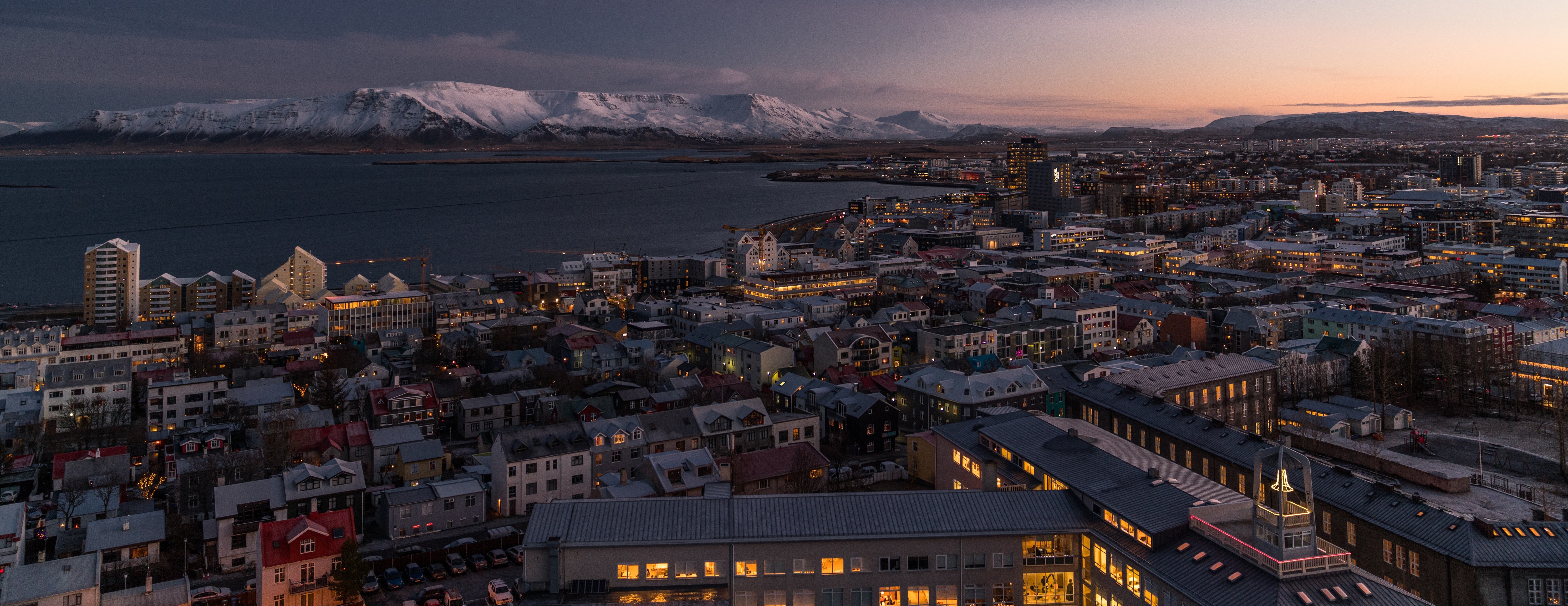 city, sunset, mountains, snow, multiple display, city lights, Reykjavik, HD Wallpaper