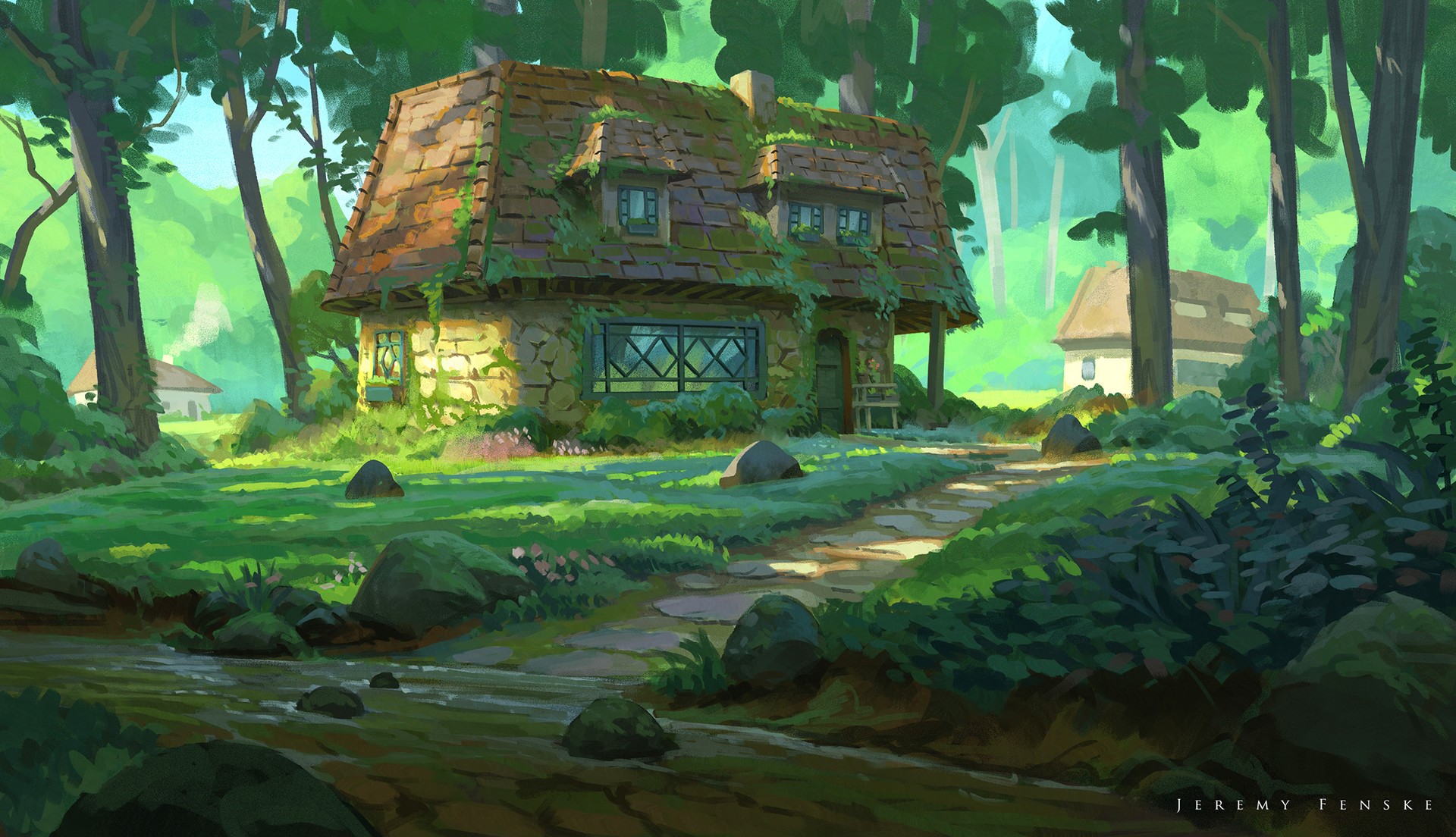 Jeremy Fenske, forest, trees, house, plants, moss, grass, rocks, road, building, HD Wallpaper
