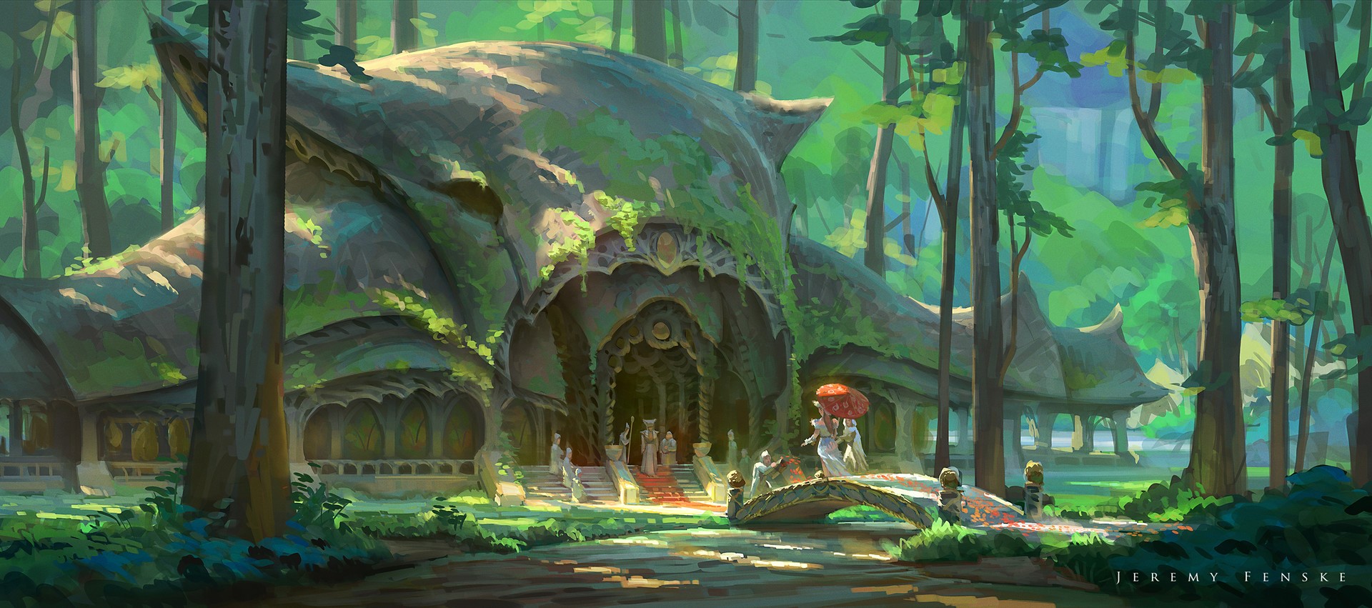 Jeremy Fenske, forest, trees, house, plants, people, umbrella, bridge, moss, grass, rocks, road, men, women, building, HD Wallpaper