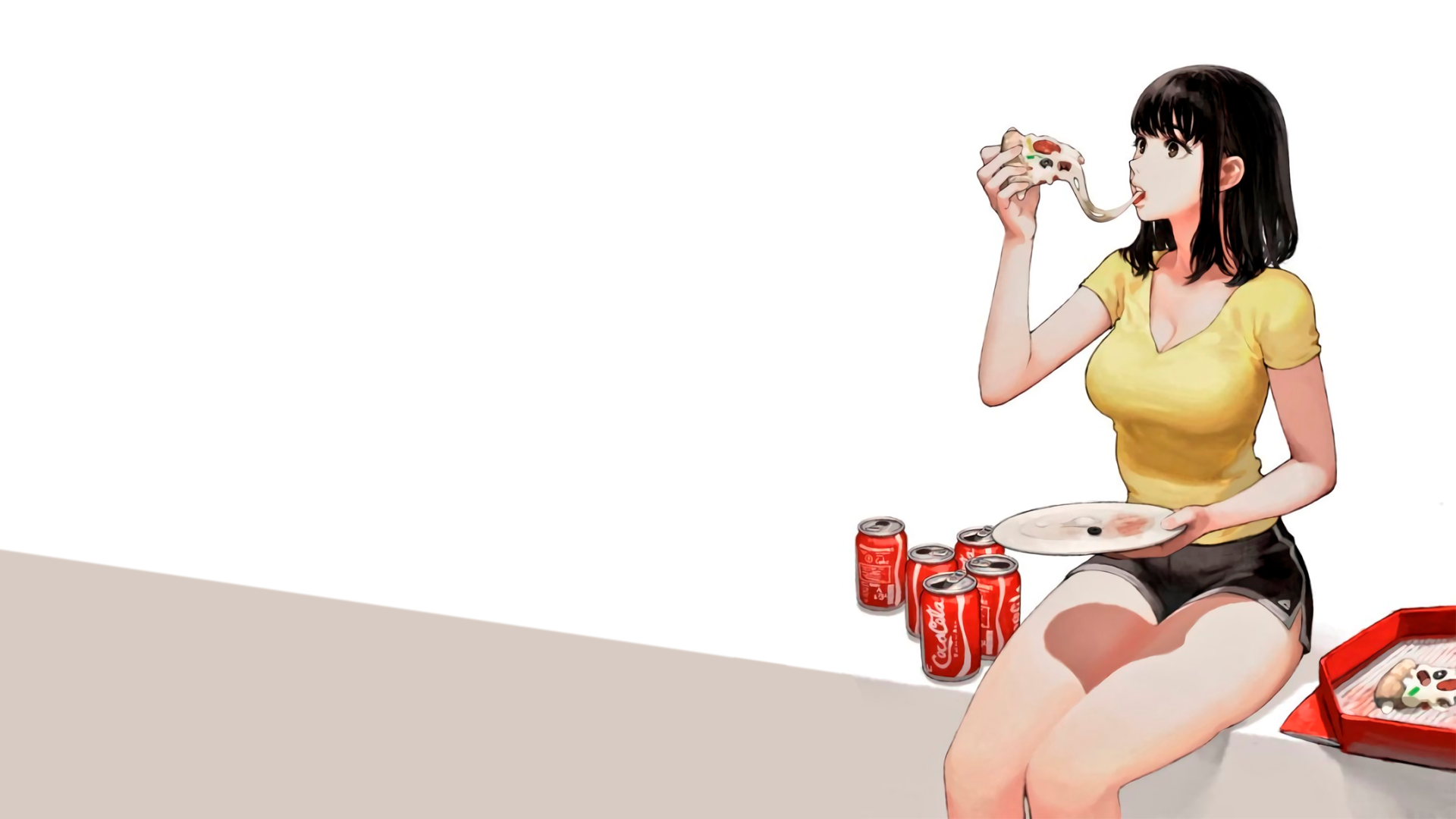 anime, manga, anime girls, simple background, minimalism, Coca-Cola, pizza, anime girls eating, brunette, white background, black eyes, HD Wallpaper