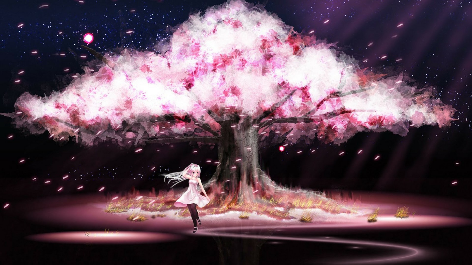 anime, anime girls, trees, purple, sky, HD Wallpaper