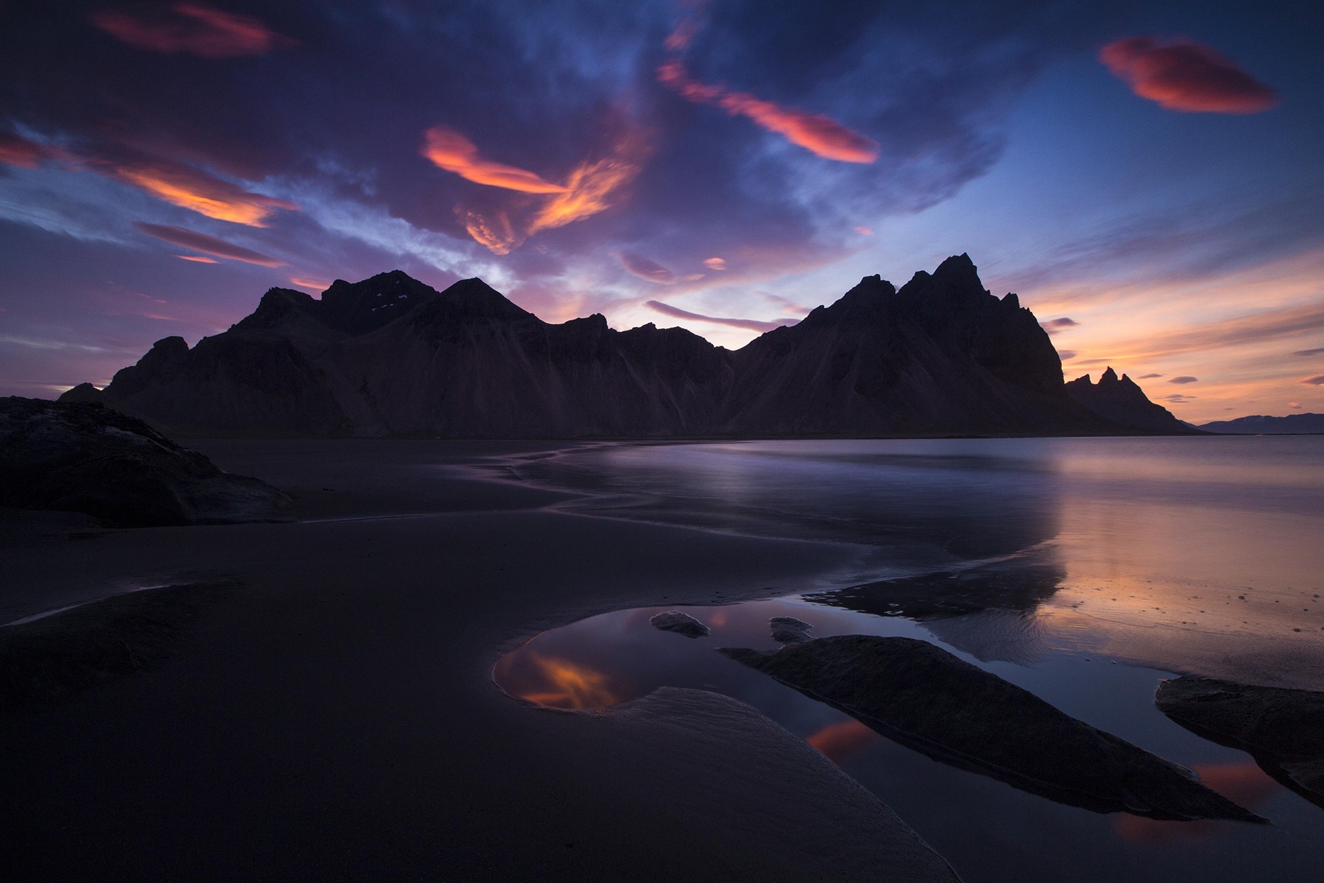 Iceland, mountains, landscape, clouds, sea, sunset, beach, shore, calm, blue, HD Wallpaper
