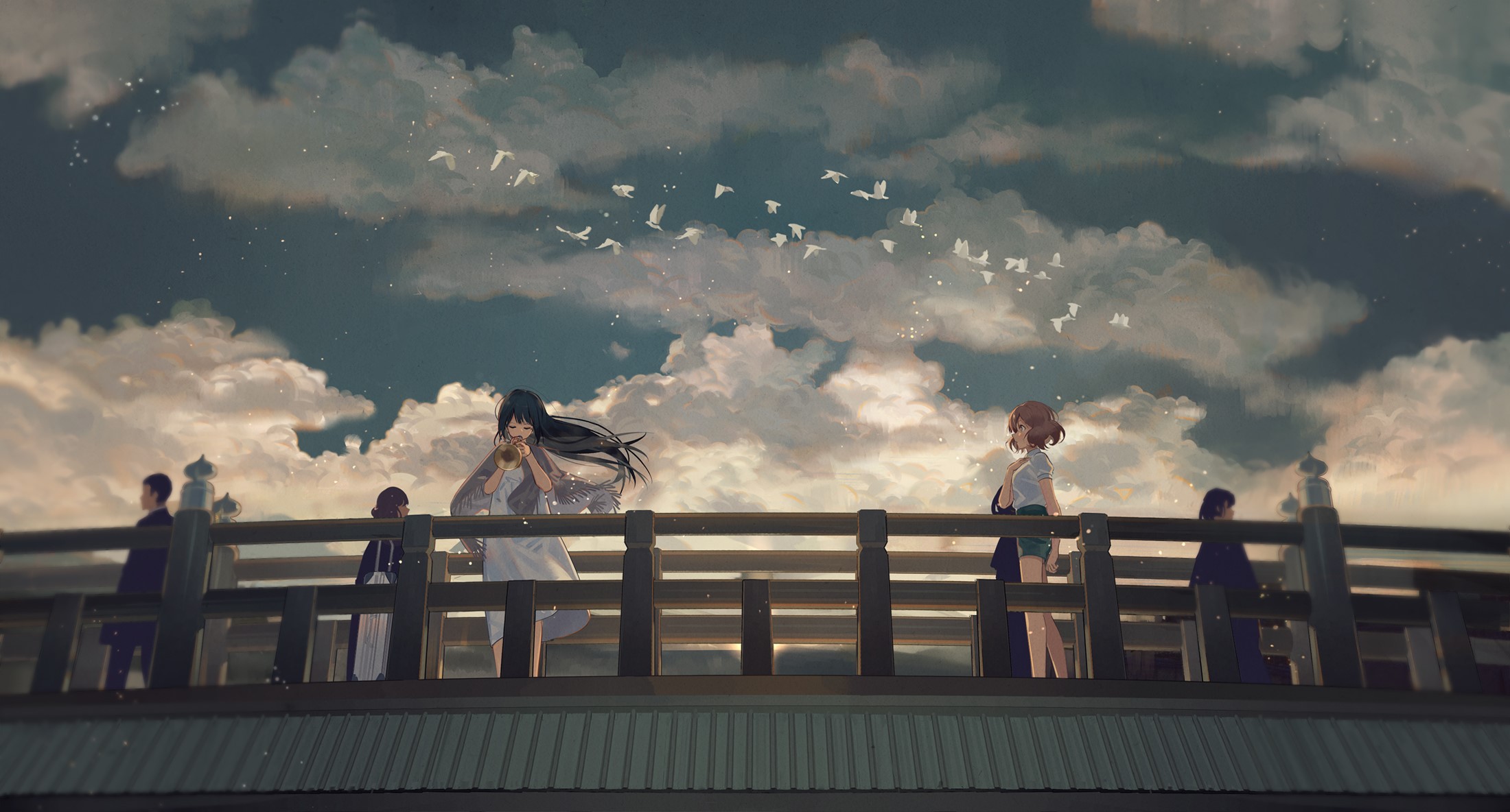 Hibike! Euphonium, birds, bridge, anime, anime girls, HD Wallpaper
