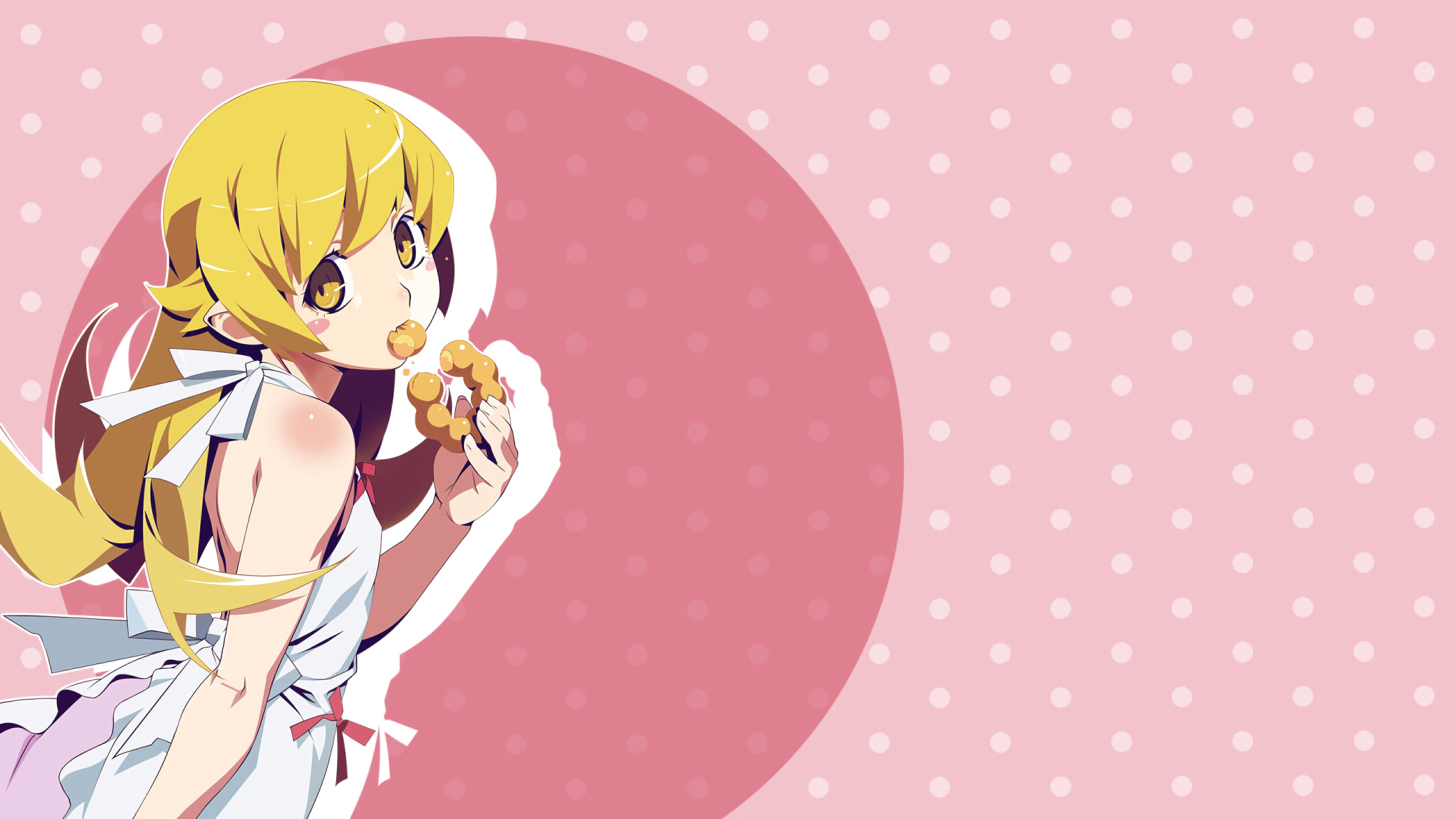 anime, anime girls, white skin, Oshino Shinobu, pink, blonde, Monogatari Series, blond hair, white dress, fan art, HD Wallpaper