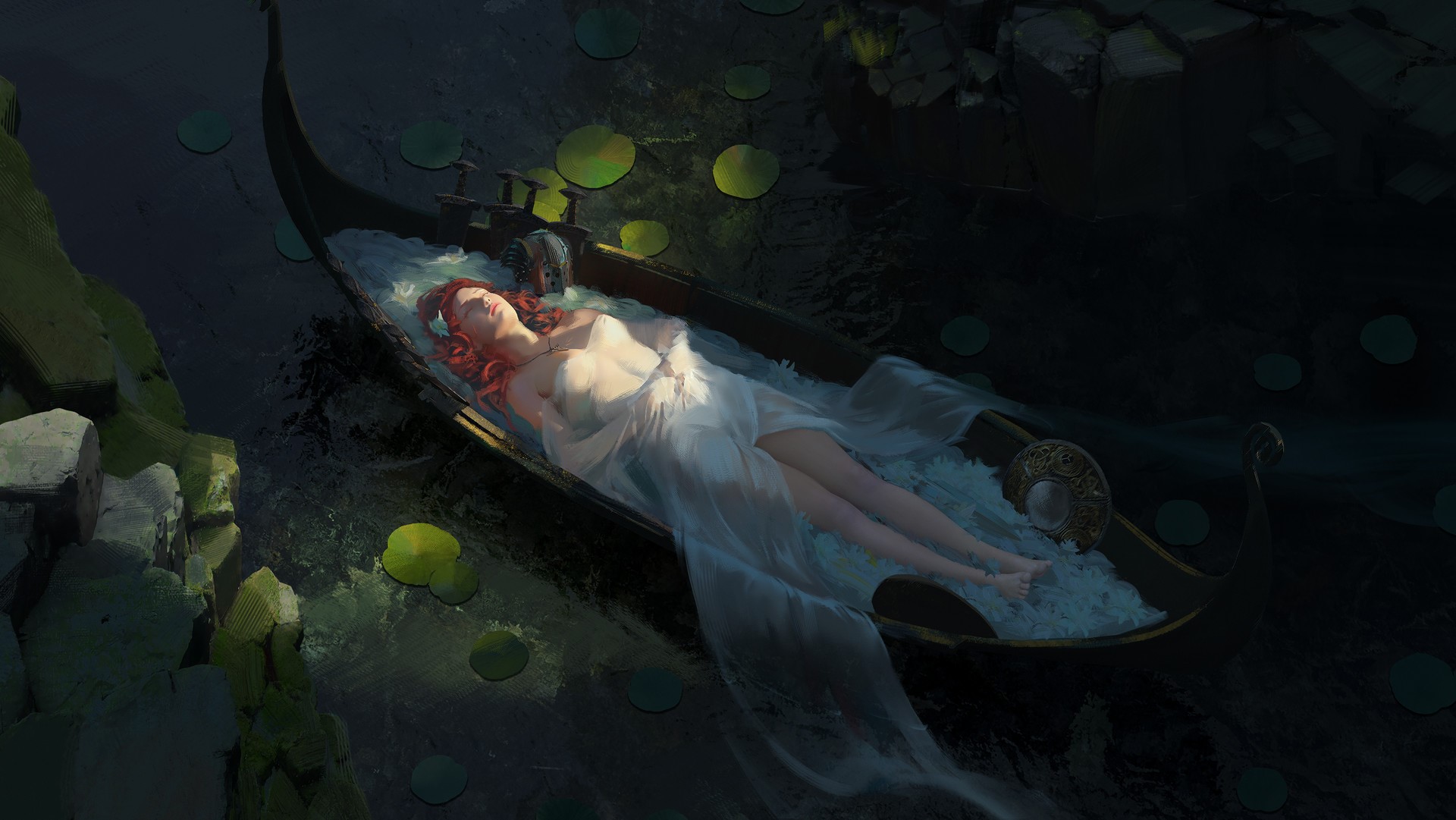 digital art, painting, women, redhead, white dress, boat, water, lake, long hair, closed eyes, HD Wallpaper
