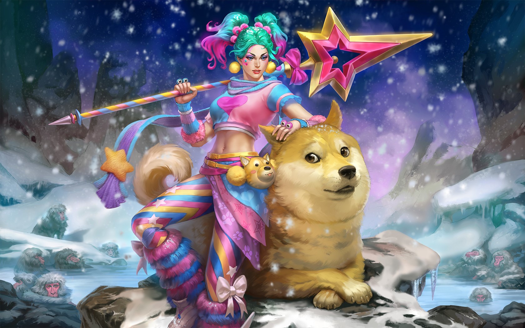 women, brunette, Smite, staff, spear, blue hair, pink hair, dog, tie, snow, winter, snowing, Simon Eckert, blouse, spa, Shiba Inu, doge, monkey, HD Wallpaper